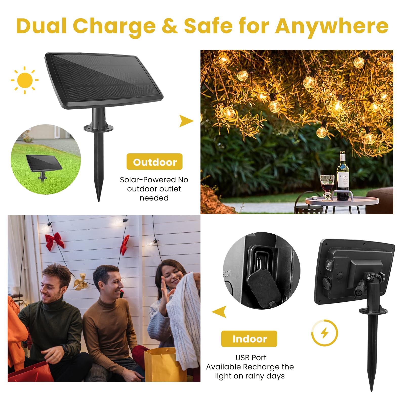 Yusist 300FT Solar String Lights - Waterproof, Dimmable, G40 Solar Powered with 60+3 Shatterproof Bulbs, Black for Outdoor Patio and Parties