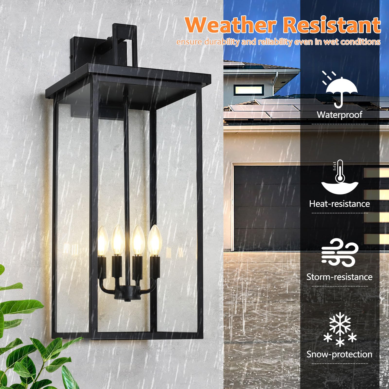 tewei Outdoor Wall Lights, 26in Dusk to Dawn Matte Black Sconce, Clear Shade, Modern Exterior Lighting Fixture, Model TW-LB-SR26