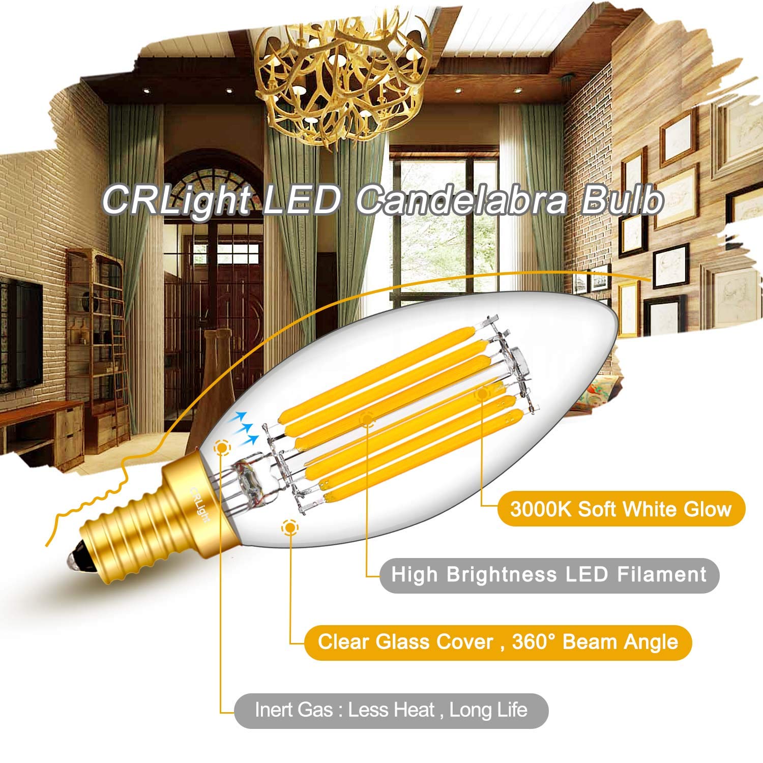 CRLight 6W Dimmable LED Candelabra Bulbs, 65W Equivalent, 650LM, Glass, 3000K Soft White, 8 Pack