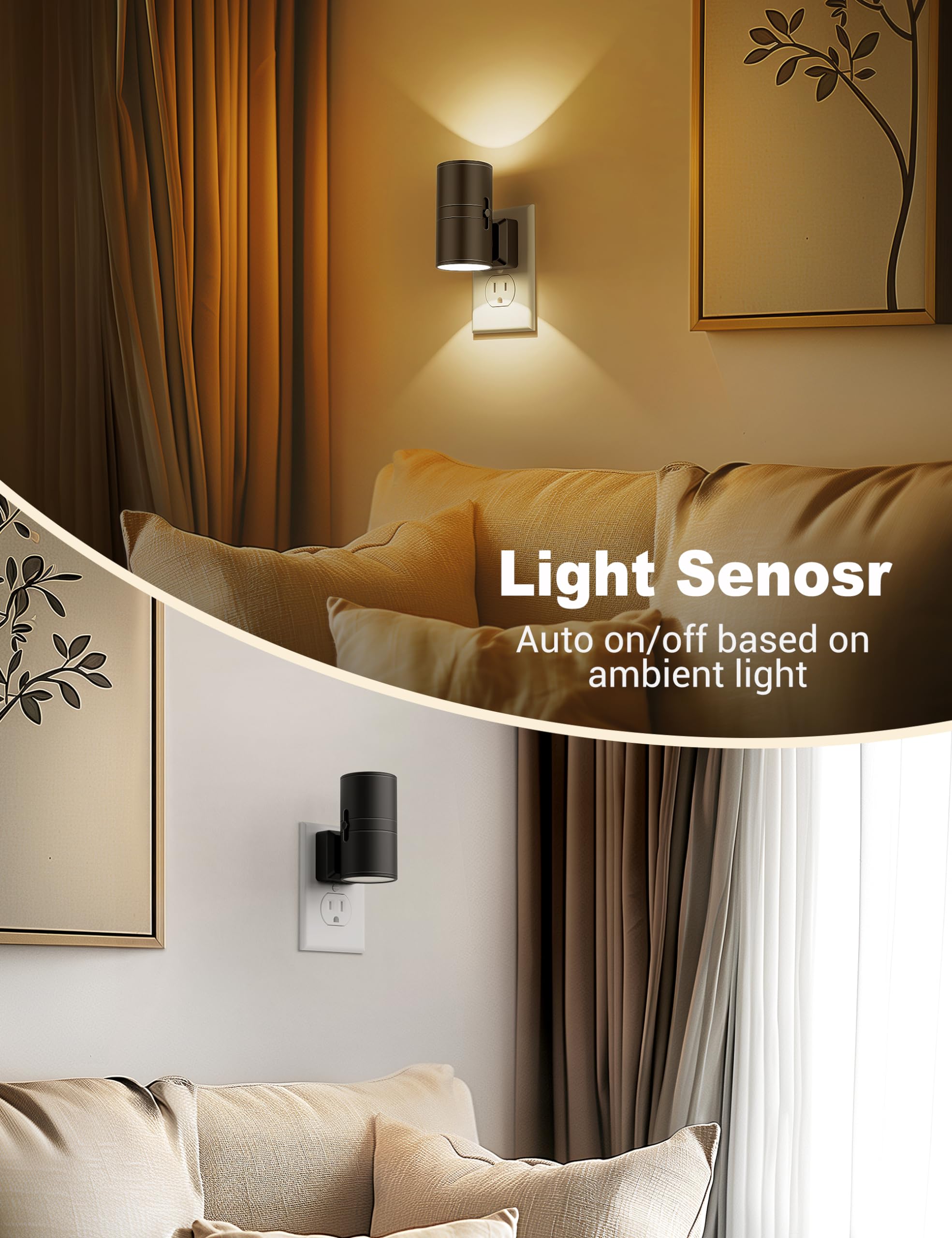 JandCase Dimmable Night Light Plug-in with Dusk to Dawn Sensor, Soft White 3000K, 0-100LM, Warm Black Shade, 2 Pack