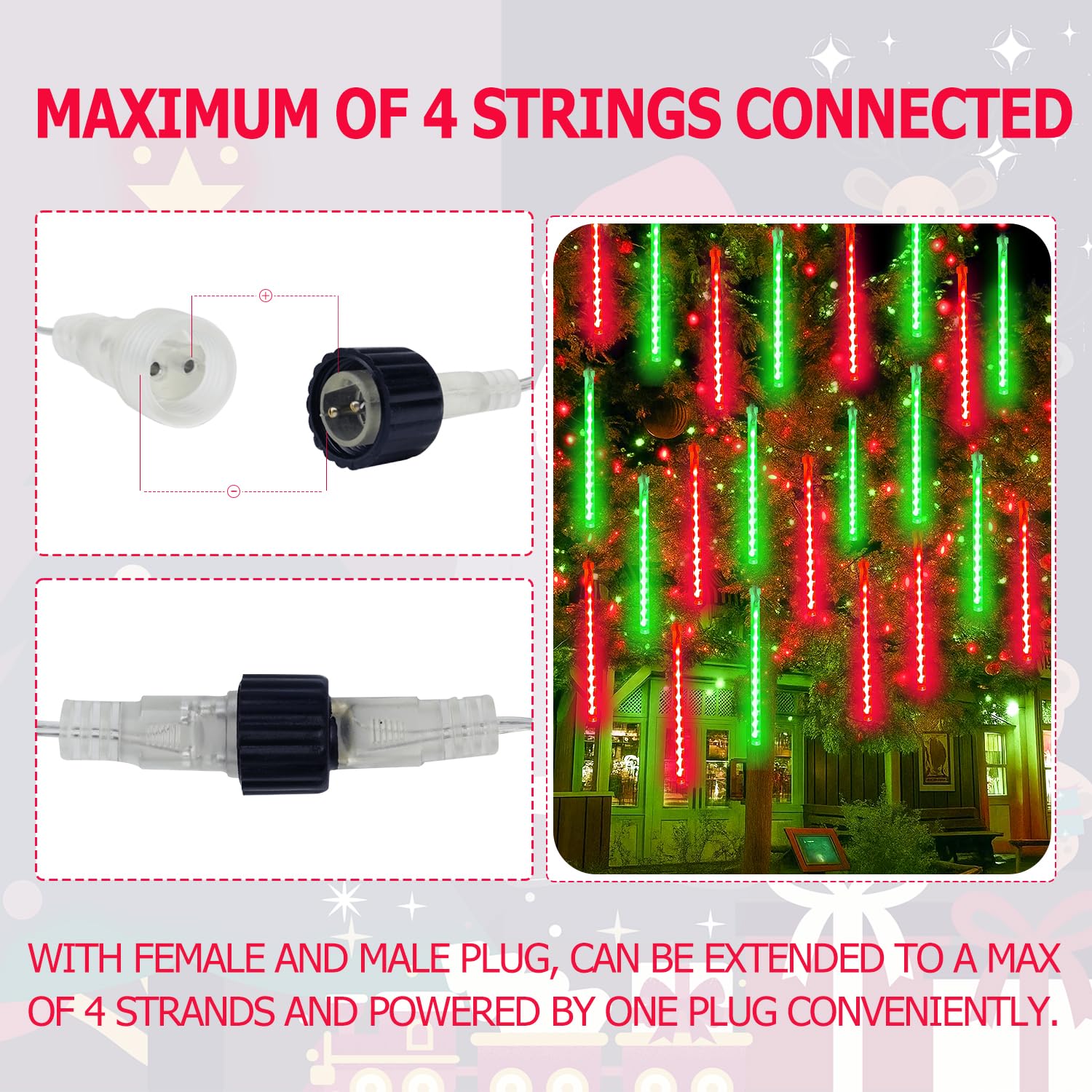 2-Pack Extendable Meteor Shower Christmas Lights Outdoor  16 Tubes 384 Leds Waterproof Falling Rain String Lights  Christmas String Lights Outdoor For Tree Garden Holiday Decorations (Red And Green)