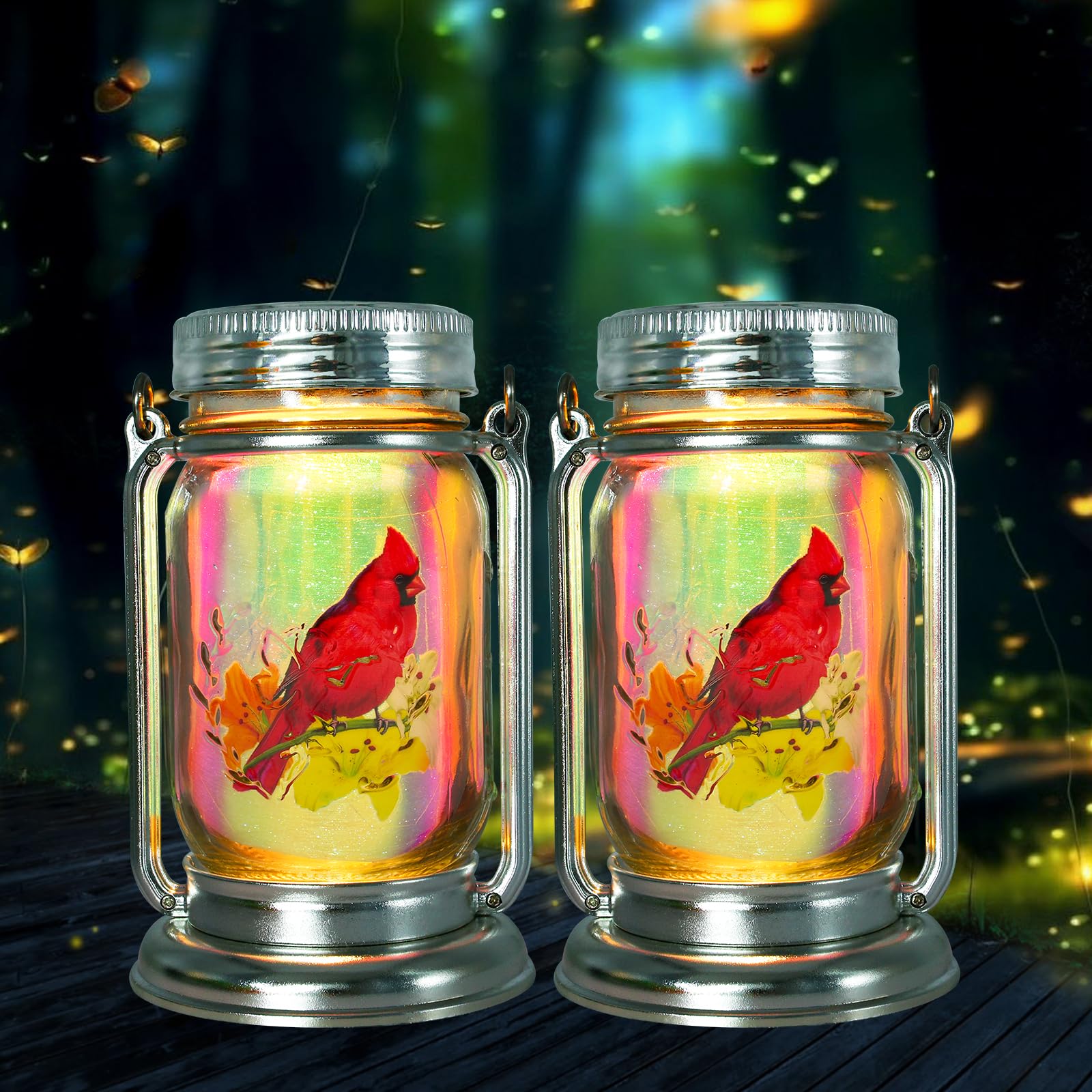 Vcdsoy Outdoor Solar Cardinal Lantern-2 Pack Garden Hanging Red Bird Lanterns, Gifts For Mom Women Grandma,Silver Glass Mason Ja
