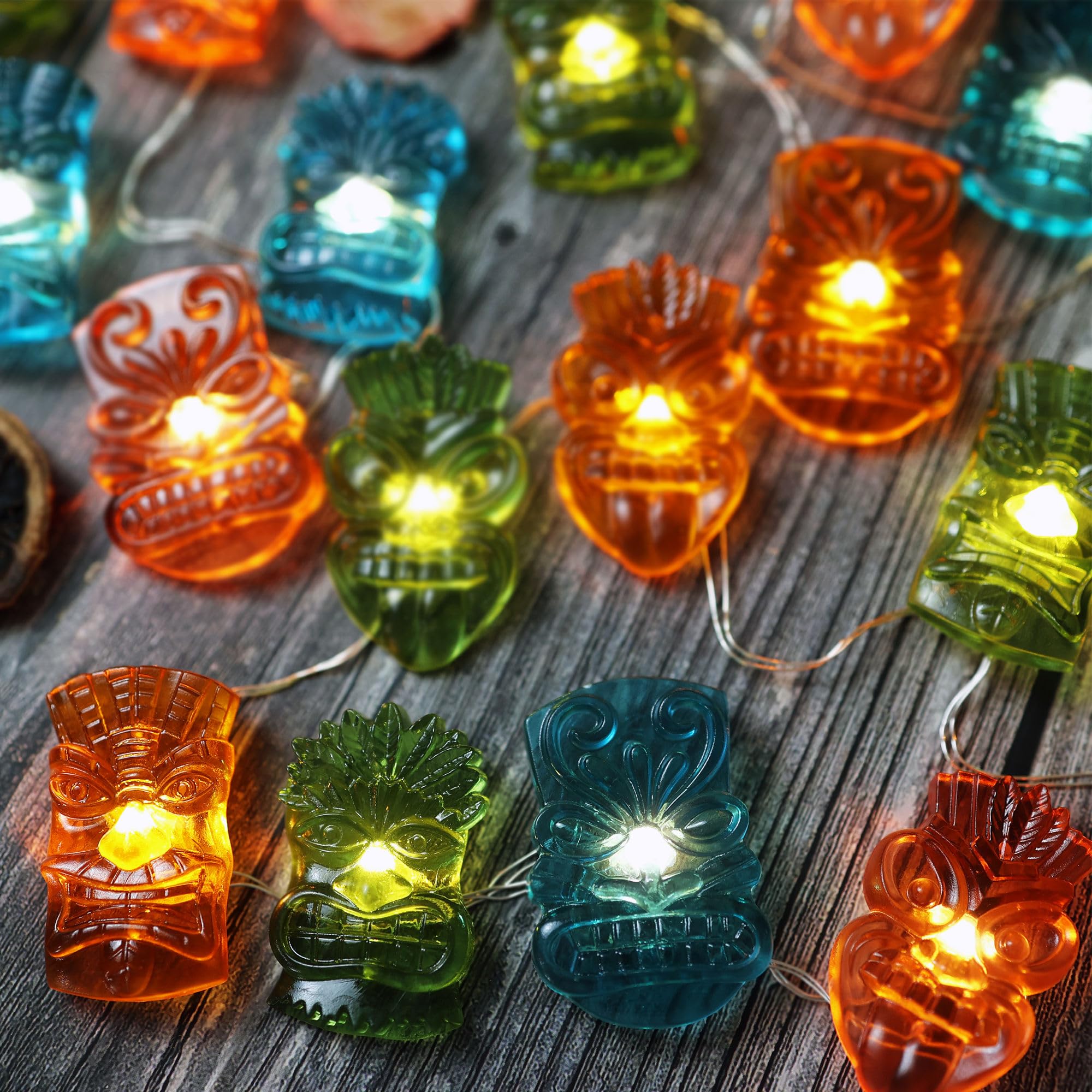 Indoor Tiki Bar and Dorm Room Decorations, 7FT 20PCS Colorful Tiki Mask LED String Lights, USB Powered with Battery Box, Tropica