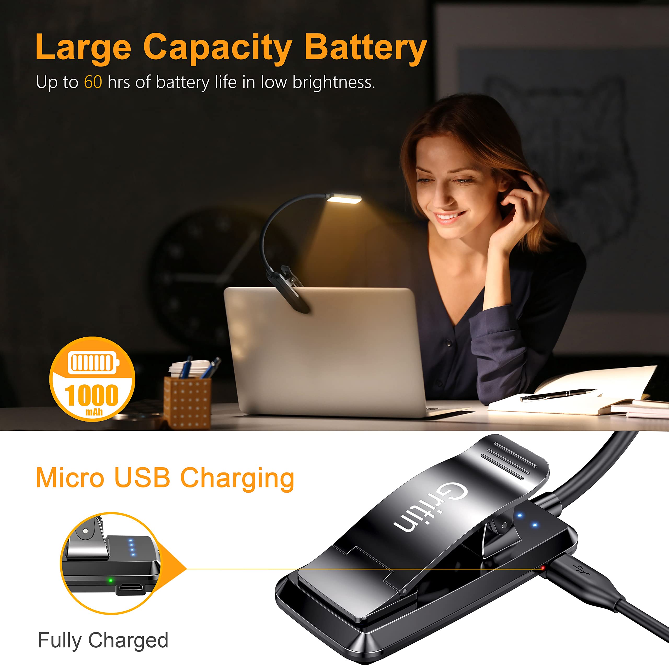 Gritin 9 Led Rechargeable Book Light For Reading In Bed -Eye Caring 3 Color Temperatures,Stepless Dimming Brightness,12+Hrs Runt