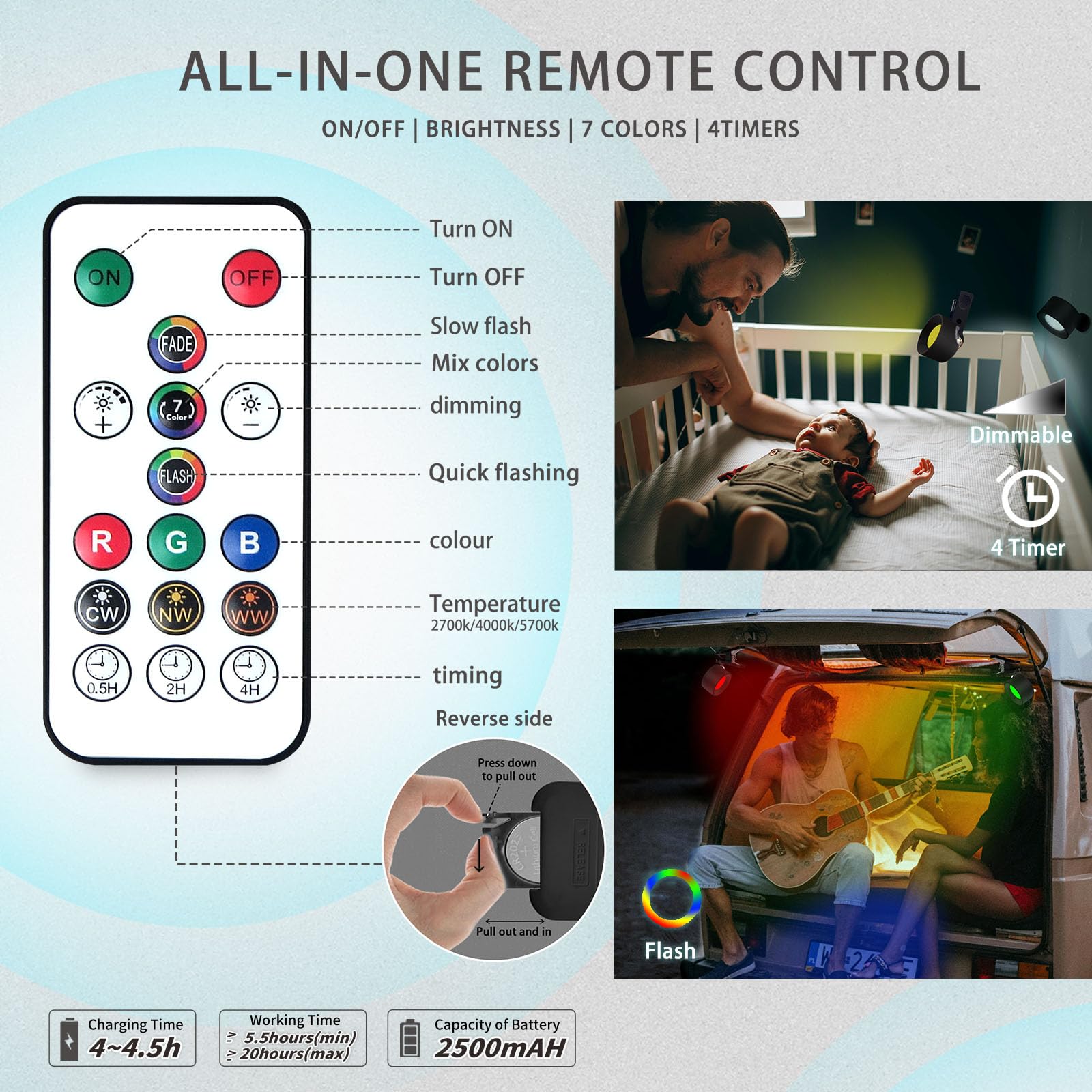 Adetu Led Wall Lights With Remote, Rgb Rechargeable Wall Mounted Sconces, 3 Color Temperatures & Dimmable, Battery Powered Light