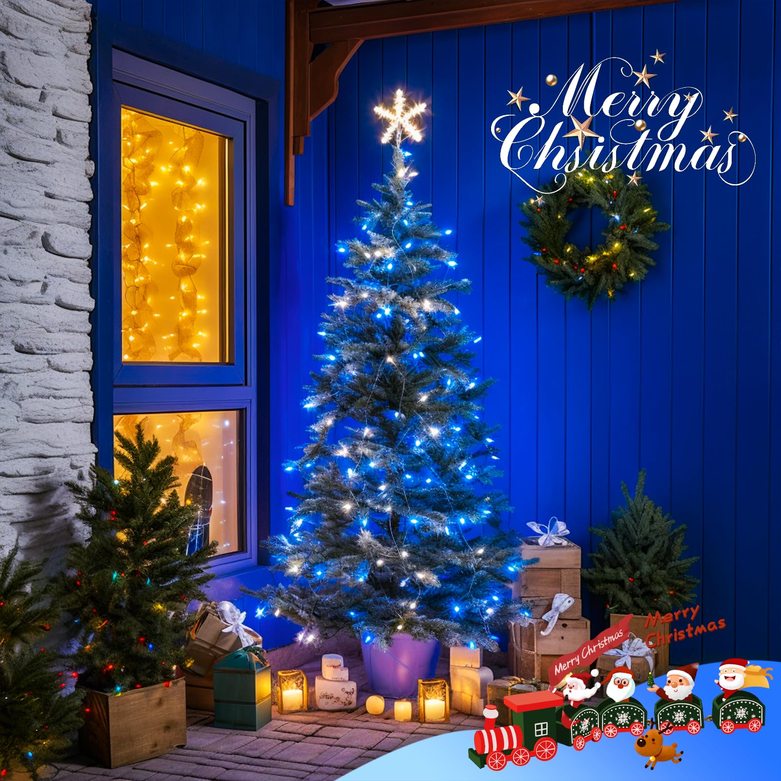 POTIVE LED Outdoor String Lights - 66ft, 200 LED, Blue and White, 8 Modes, Waterproof Christmas Fairy Lights for Party, Wedding, Patio