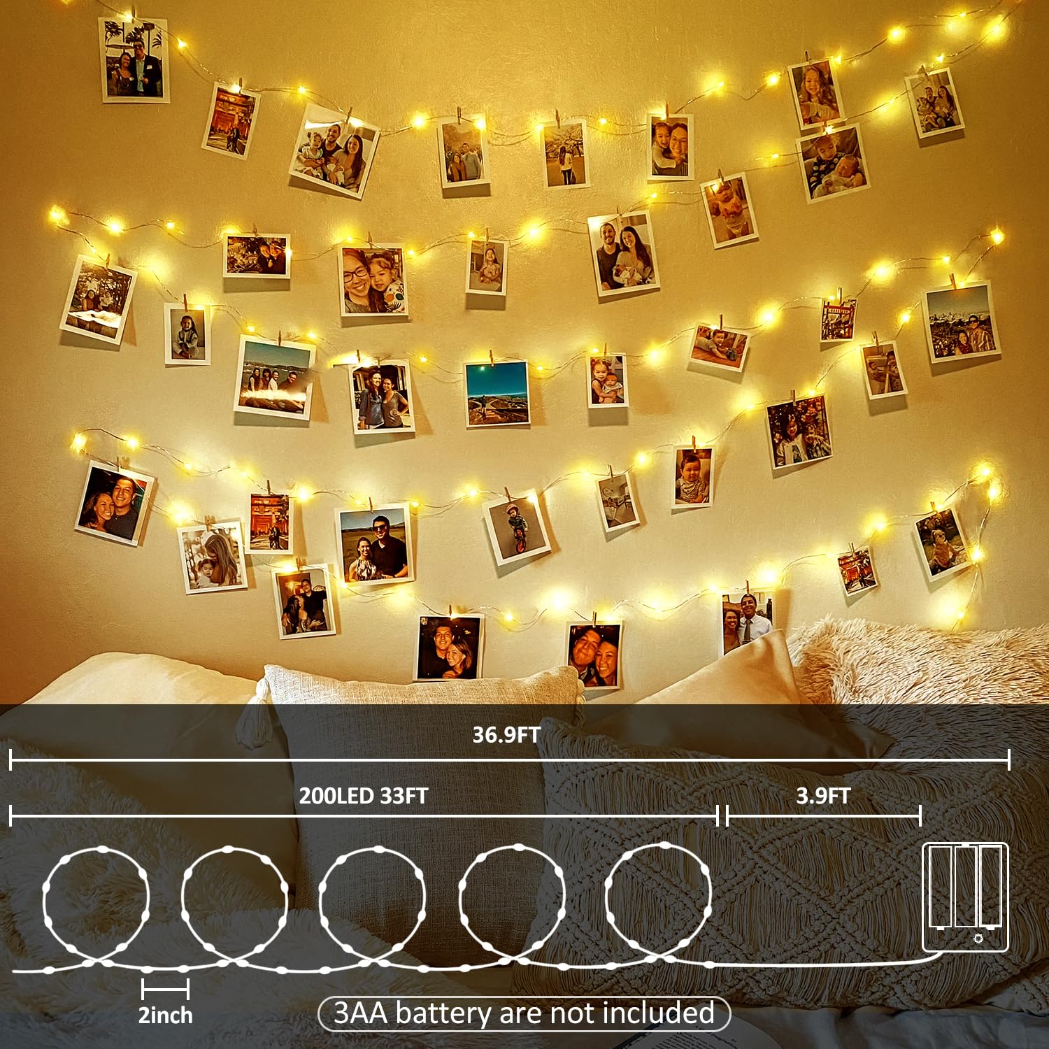 XURISEN Fairy Lights, 33FT 200LED Battery Operated, 8 Modes, Waterproof, Warm White, 2 Pack