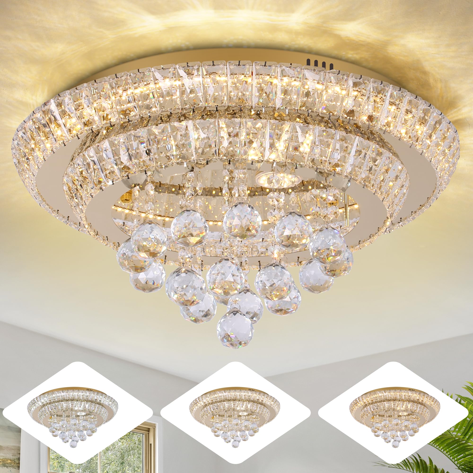 Miuyhji Large Led Crystal Raindrop Ceiling Light,Rose Gold, 20'' Elegant Semi Flush Mount Chandelier Light Fixture With Remote C