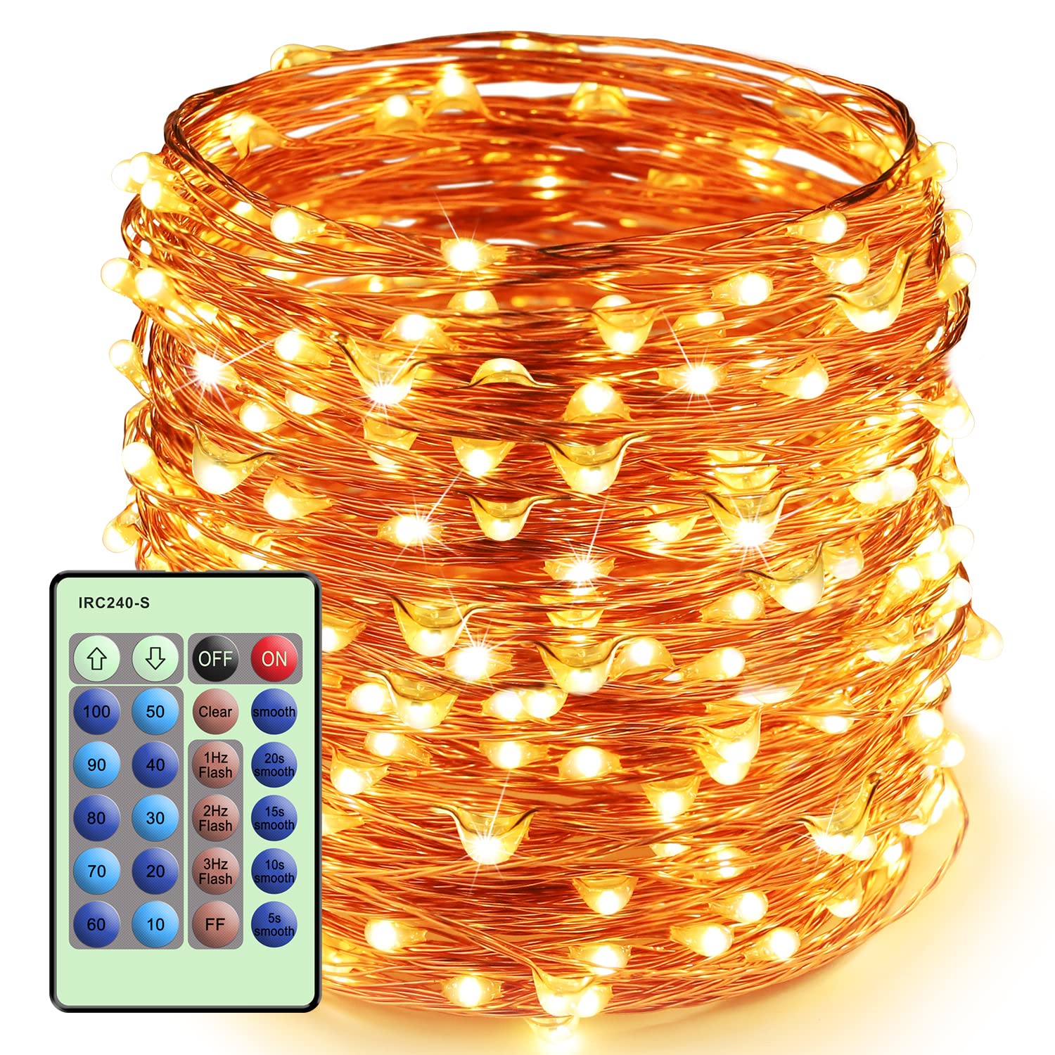 ZAECANY LED String Lights 300 LEDs Dimmable 99ft Copper Warm White with Remote Control