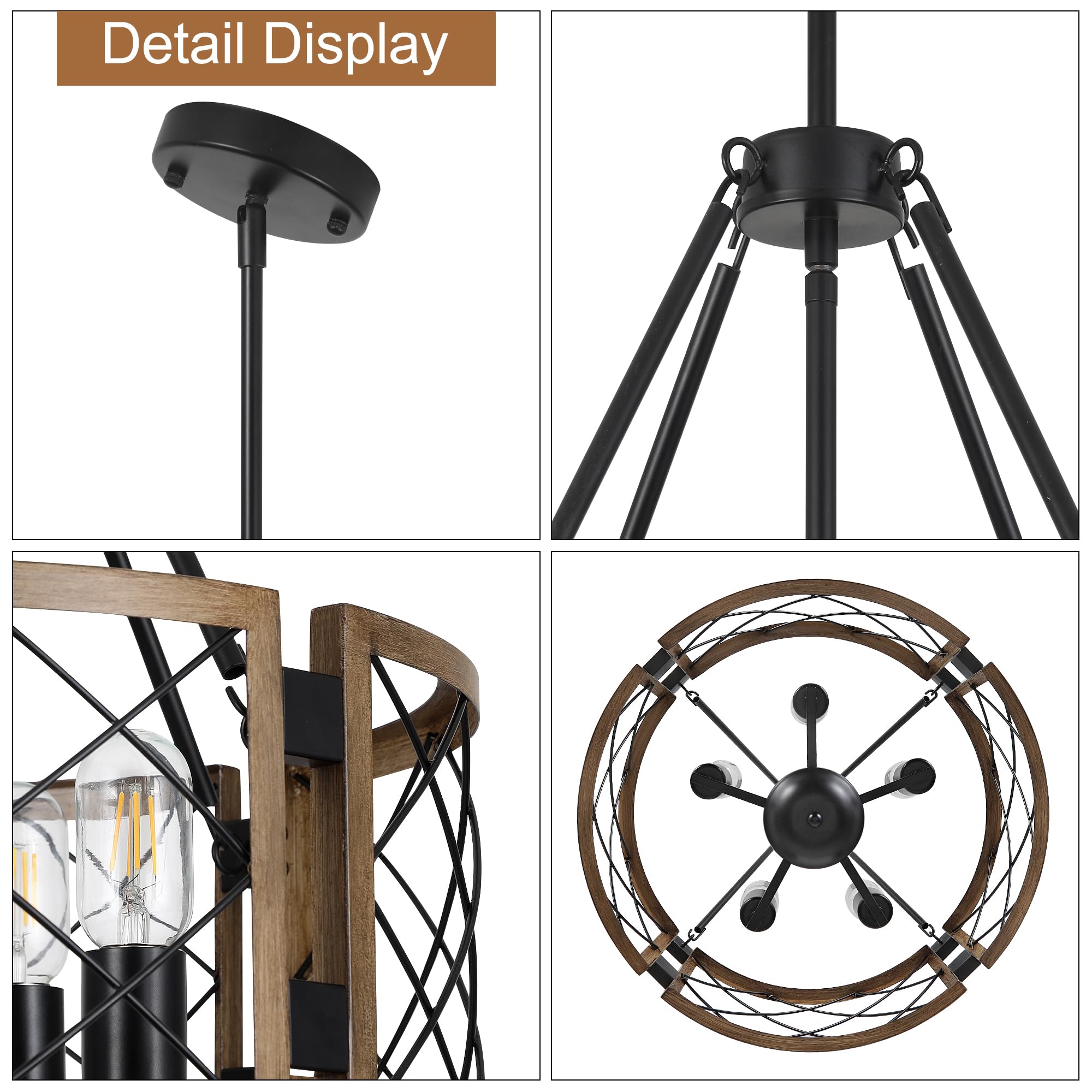 Sigaitwei 5-Light Brown Farmhouse Chandelier, 18.9in Adjustable Pendant Light for Dining Room, Kitchen, Entryway, Model 11c0b454