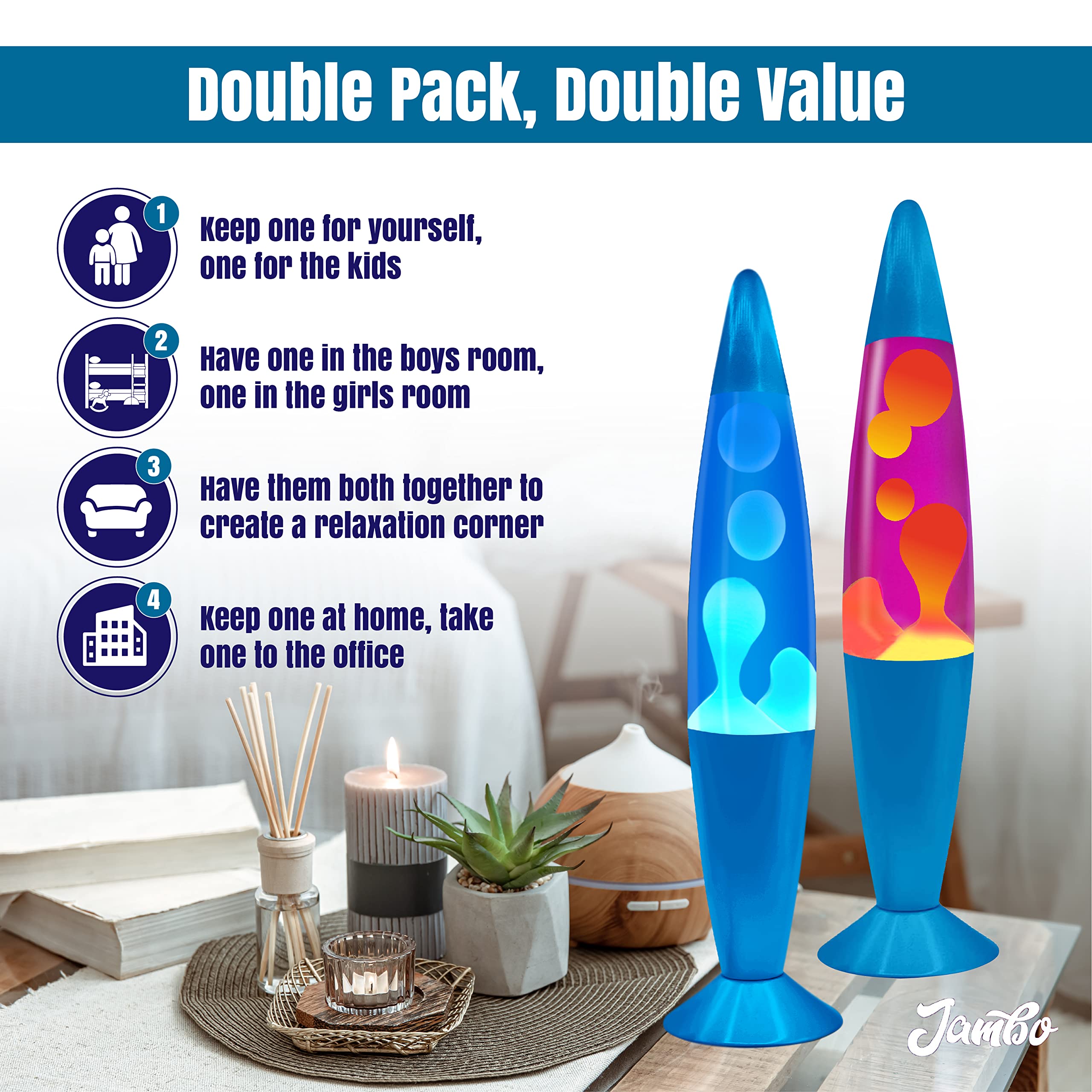 JAMBO 16in Motion Lamp Double Pack - Blue Base with White Wax & Purple Base with Yellow Wax, Aluminum, Model 66030