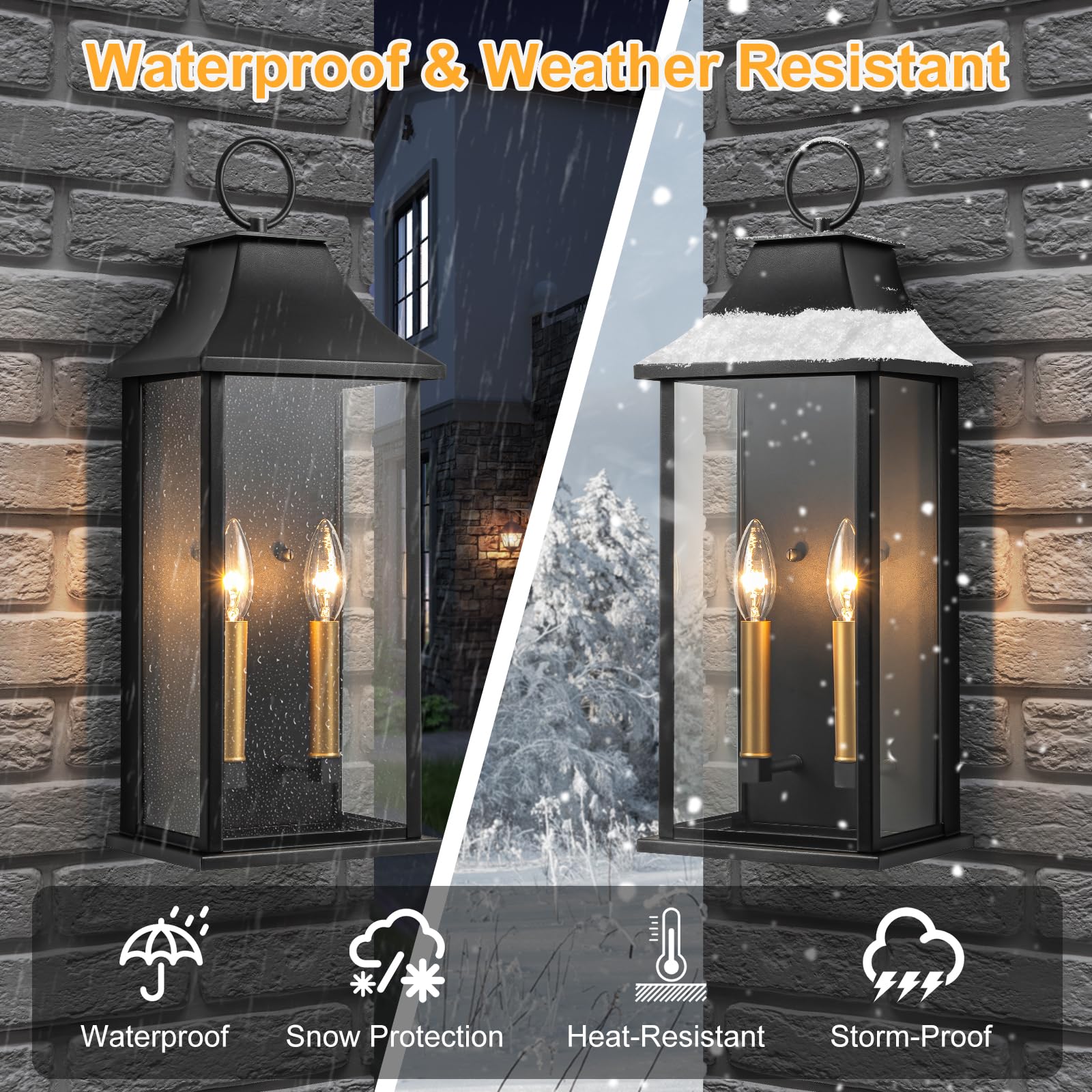 Lawyettle 21" Dusk to Dawn Outdoor Wall Lantern, Black Metal Sconce, Waterproof 2-Light Fixture for House, Porch, Garage - Model XG7008O-W2BK