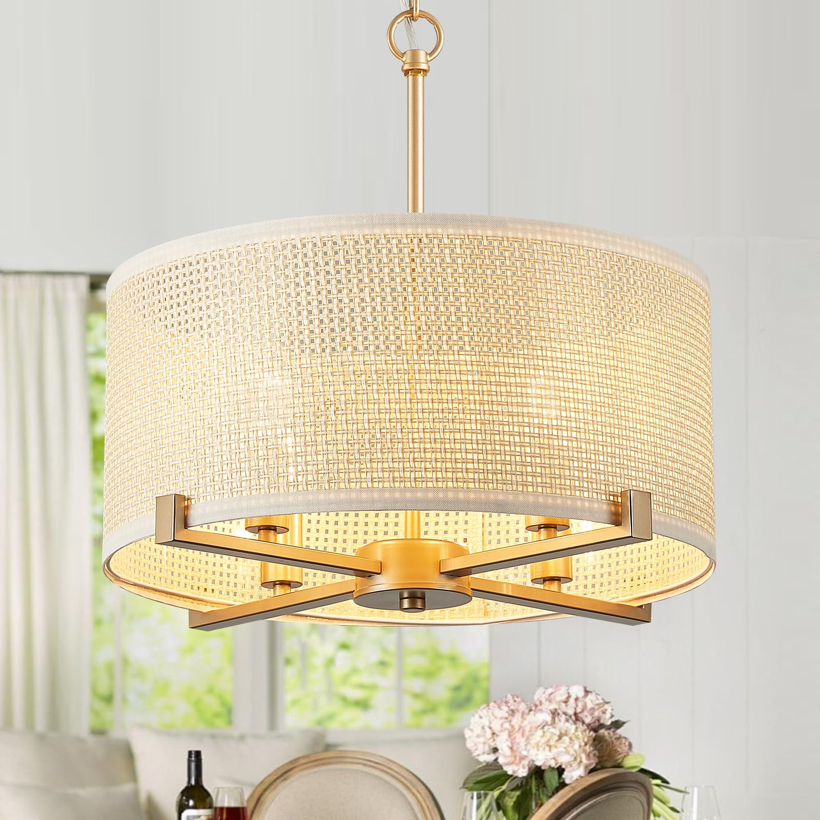Catiner 4-Light Drum Chandelier 18'' Modern Gold Semi-Flush Mount Light Fixture With Woven Rattan Shade Boho Round Ceiling Penda