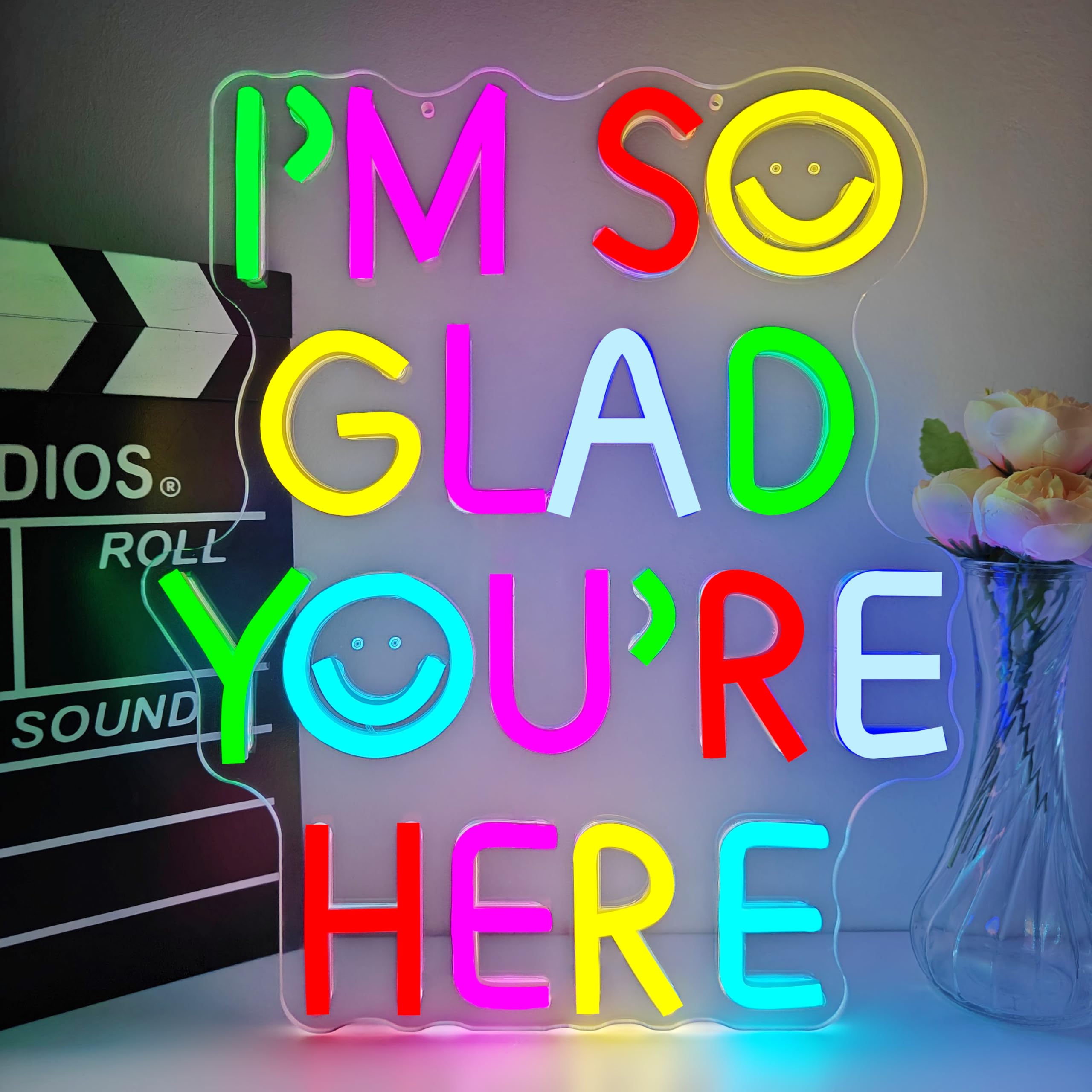 Im So Glad Youre Here Neon Sign for wall decor Classroom Led Neon Sign for Classroom Dimmable Colorful Positive Neon Light Up Si