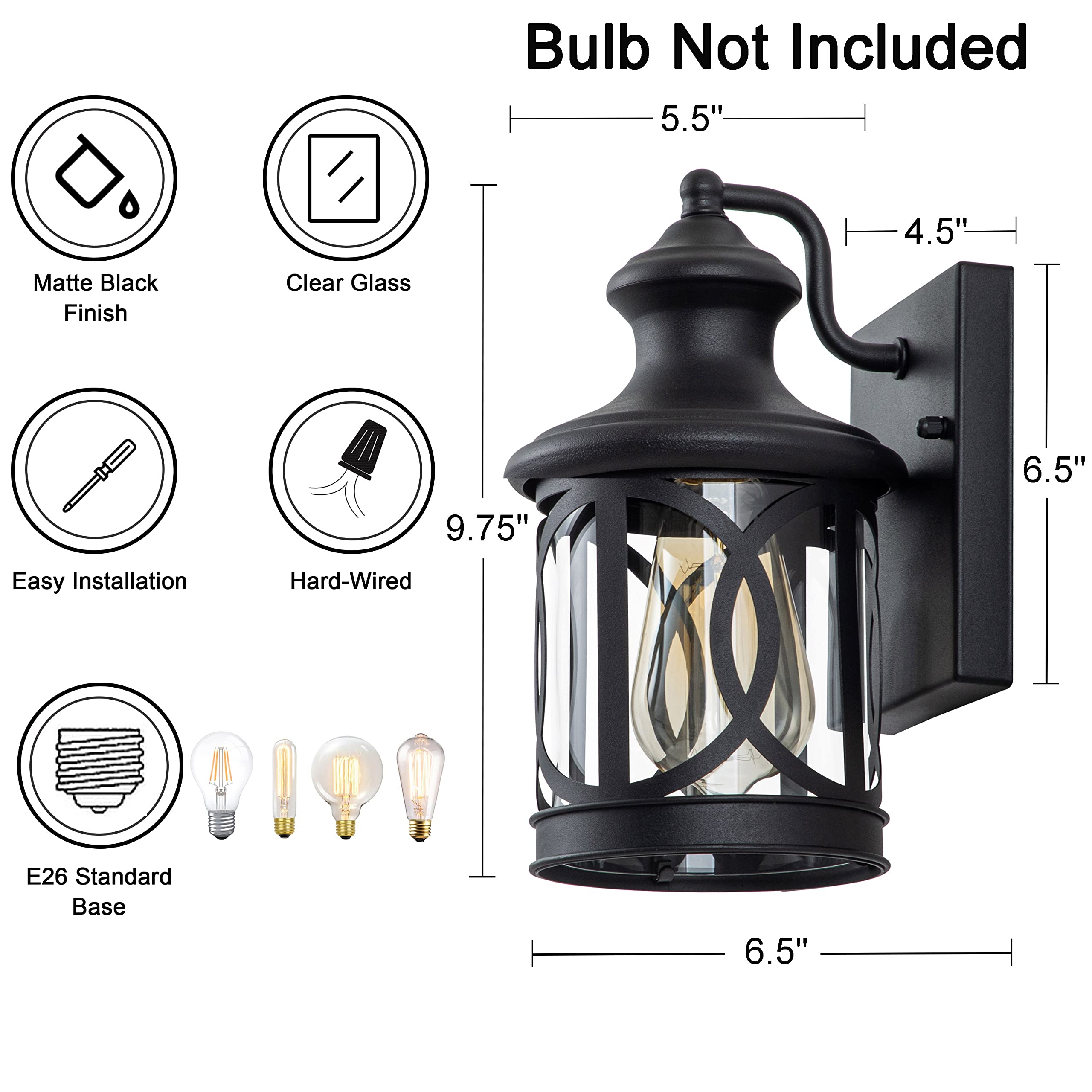Laplusbelle Outdoor Wall Lights 2-Pack, Waterproof Metal Sconces, 9.75in H, Matte Black with Clear Glass Shade, Model CA2309-2W