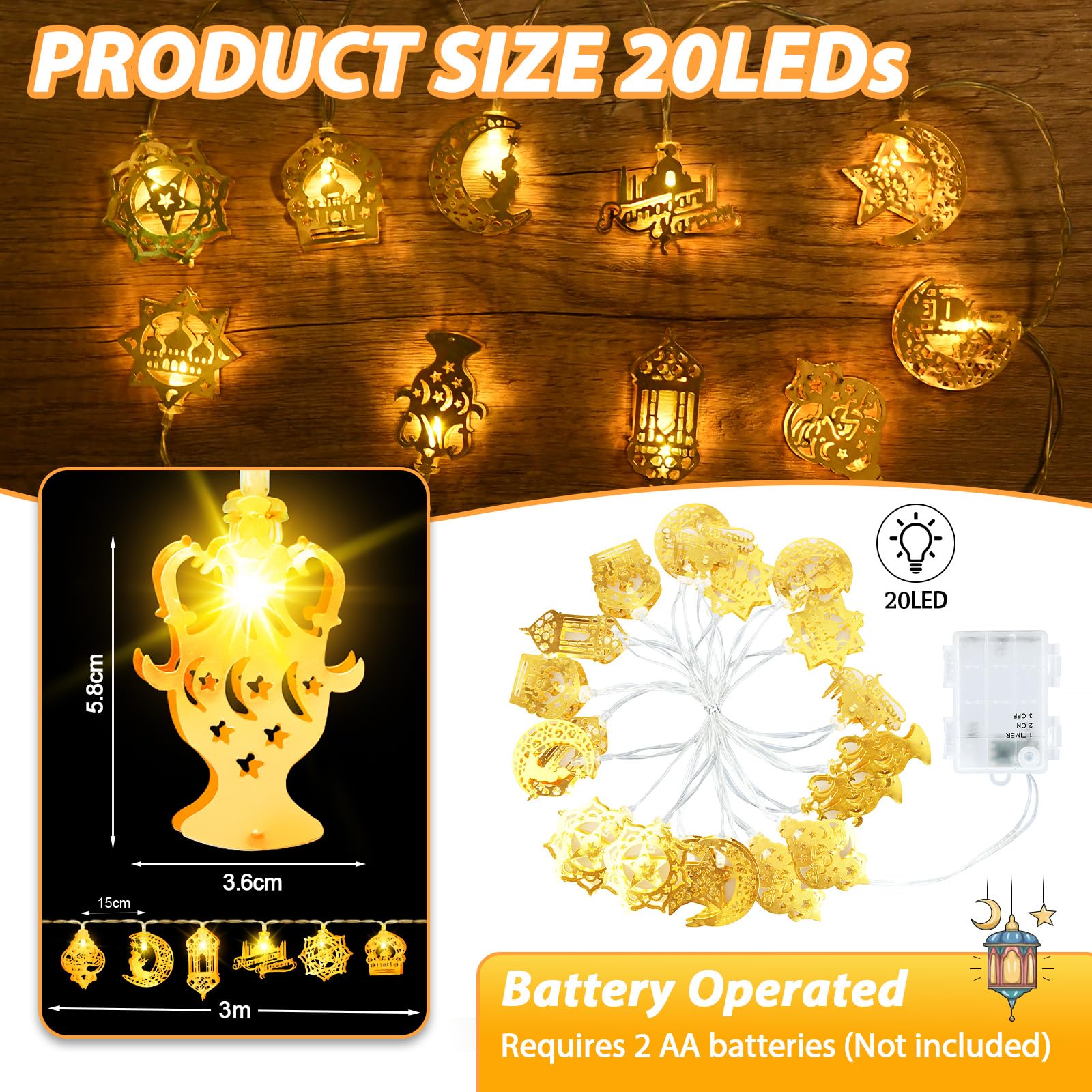 Cshare Ramadan Decorations For Home 2024, 9.8Ft 20Led Ramadan String Lights & Ramadan Banner With Timer Battery Operated Star Moon Waterproof Outdoor & Indoor