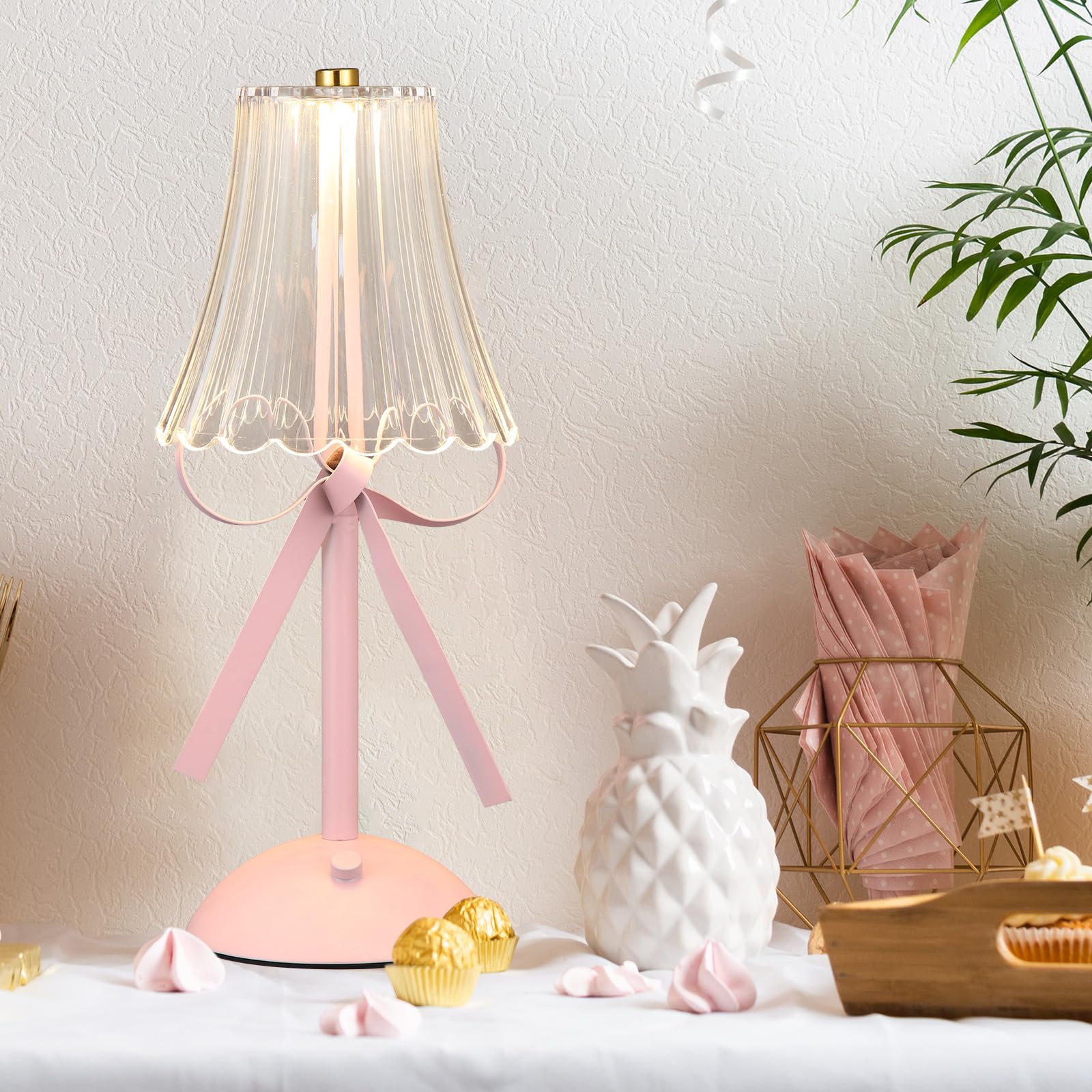 Chunful Pink Bow Crystal Lamp Plugged in for Women Room Coquette Lamp with USB Port Metal Touch Desk Decor 11.8 Inch Tall Cute B