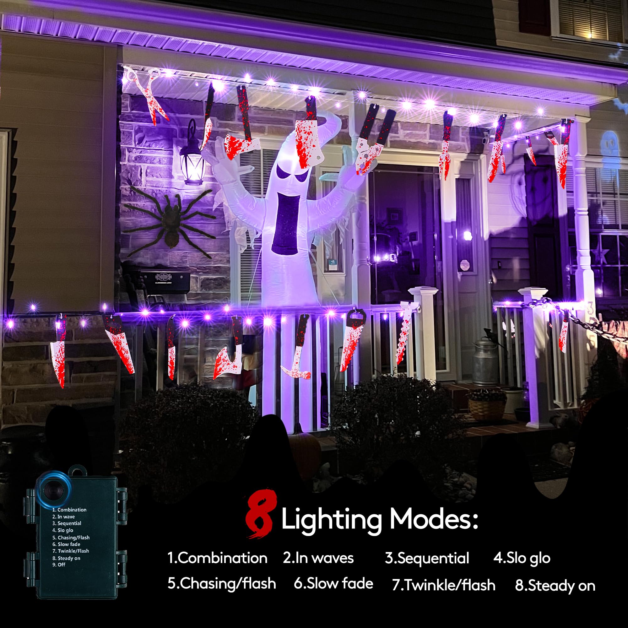 Blctec Scary Halloween Decorations Props, 12 Ft Halloween String Lights With 16 Fake Bloody Knives & 50 Led Purple Big Bulbs, 8 Modes Battery Operated Bloody Party Supplies For Halloween House Décor