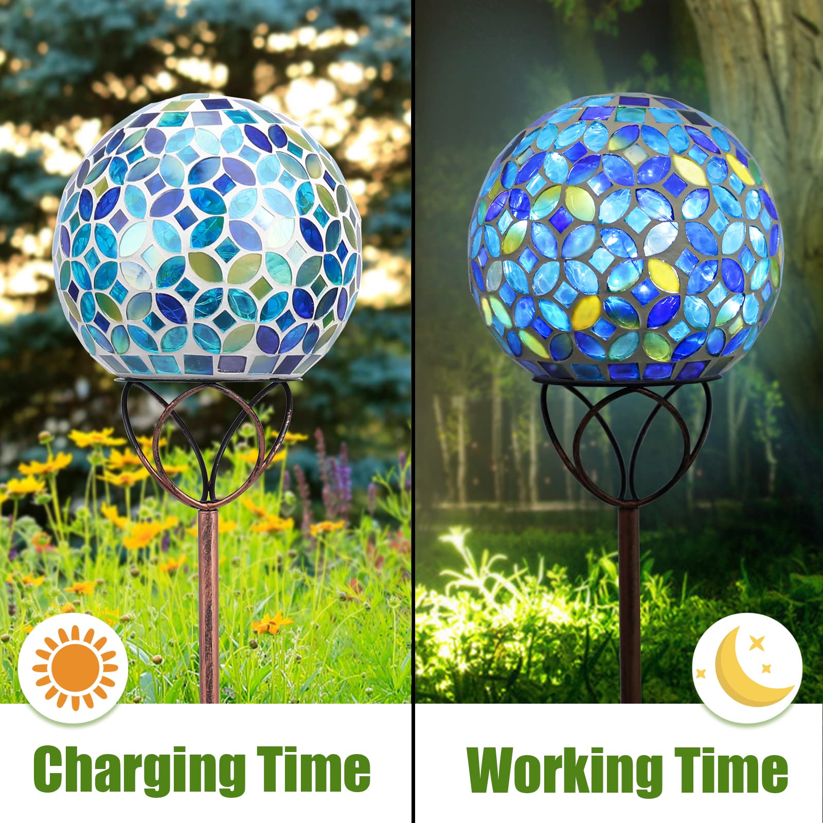 Vcuteka Mosaic Solar Garden Lights, Waterproof Glass Ball Led Pathway Stake Light, 6&quot; Blue