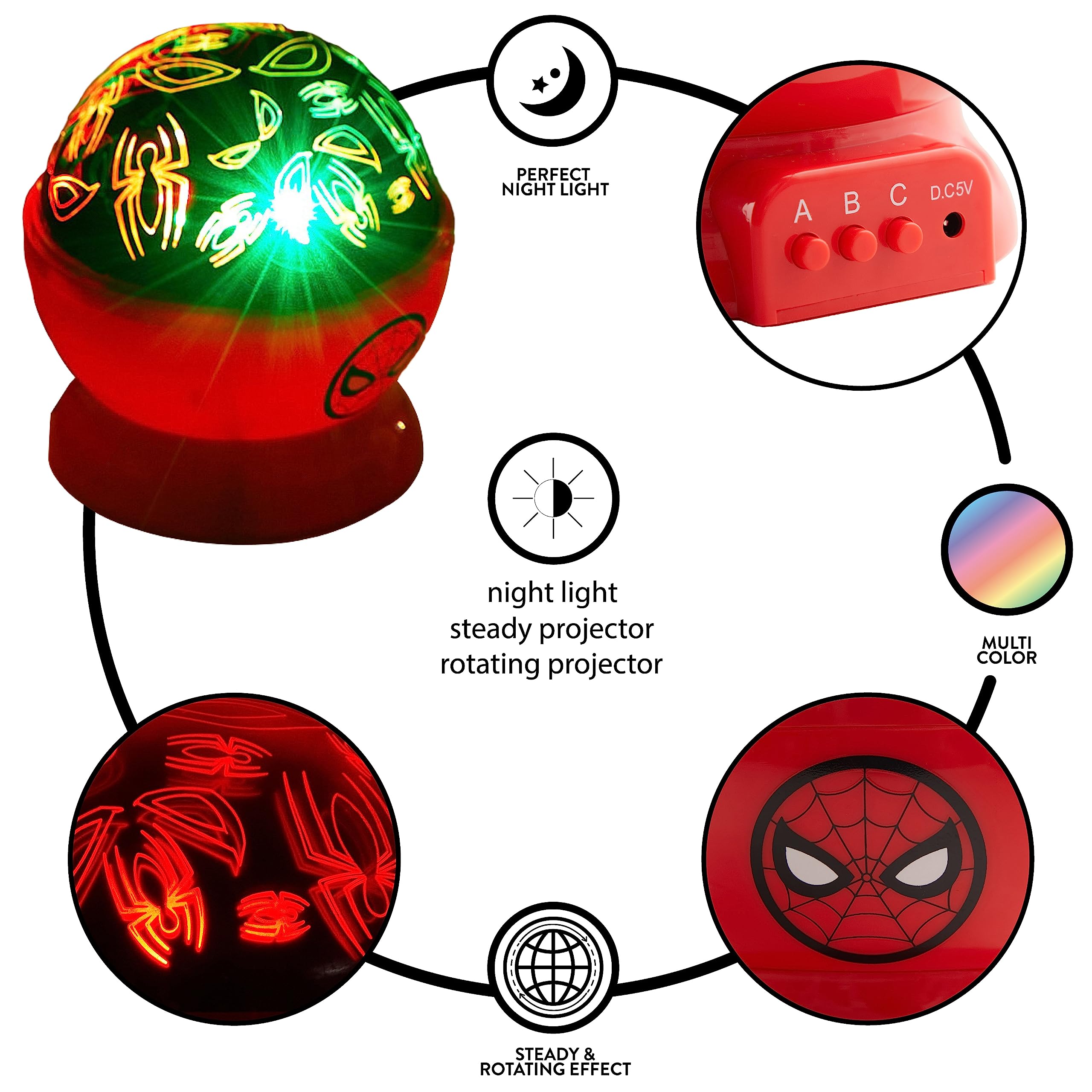 Idea Nuova Spiderman Rotating LED Projection Lamp - 4.88"x4.88"x5.5", Plastic Nightlight for Kids, Model N201590