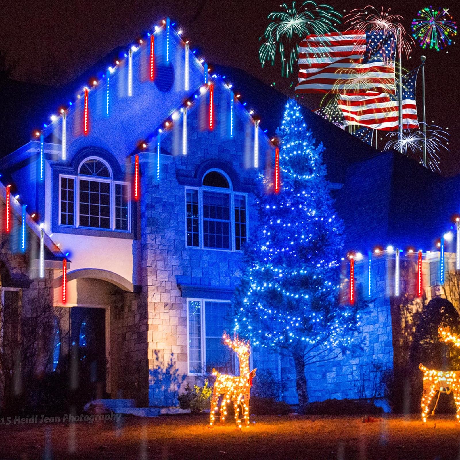 EXF 2-Pack Outdoor Christmas Decorations Lights, 432LED Meteor Shower, Timer, 30cm Tubes, Red White Blue