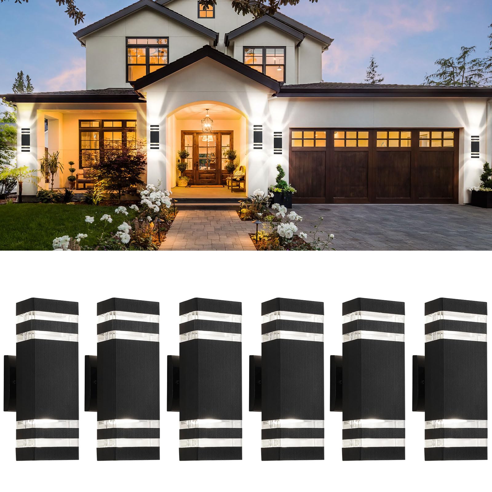 Tewei 6 Pack Black Outdoor Wall Lights, Waterproof Aluminum Up And Down Sconces For Porch & Garage