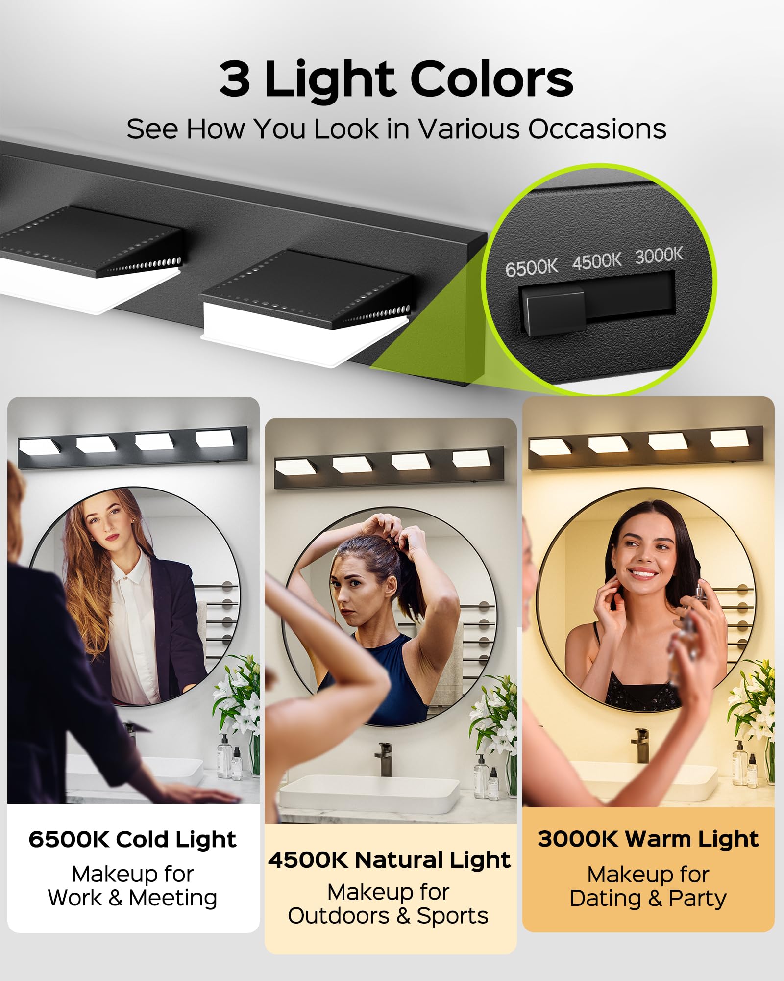 Jackyled Bathroom Vanity Light Fixtures, 270? Adjustable Modern 4-Light Vanity Lights Over Mirror, 32W 3 Color Lights 3000K/4500