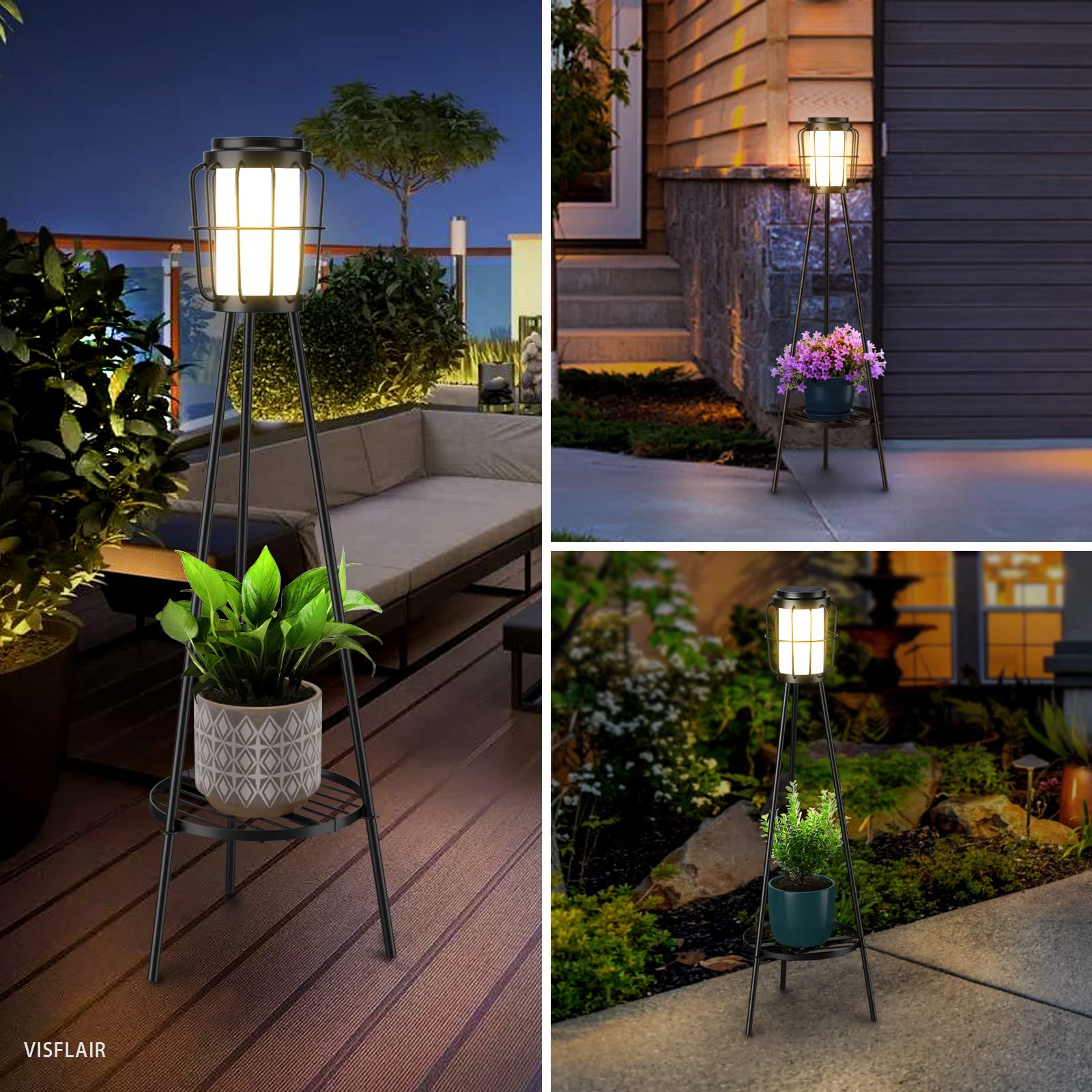 Visflair Solar Floor Lamps 2 Pack - Waterproof Metal Lights With Plant Stand For Outdoor Decor