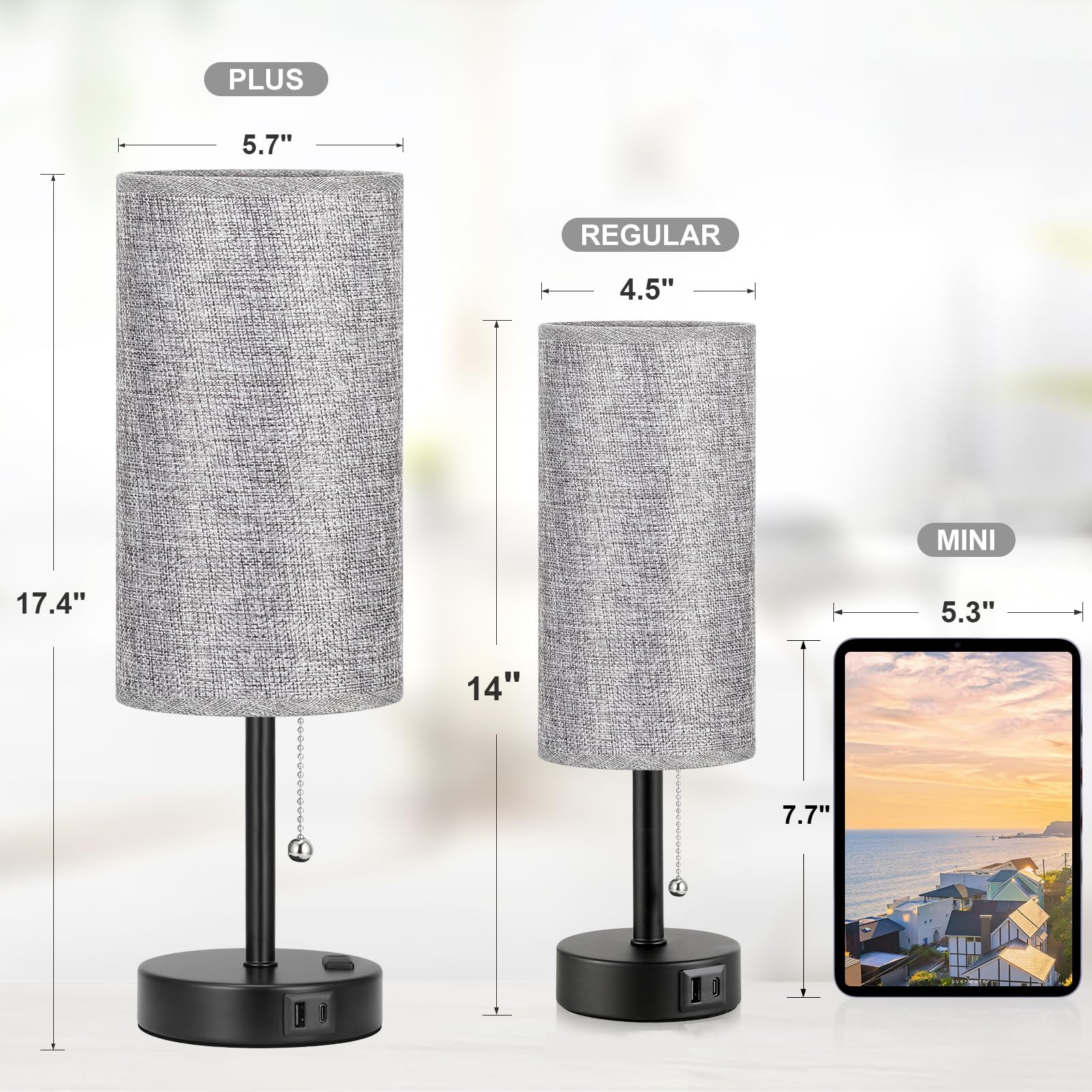 17.4Inches Grey Bedside Lamp For Bedroom Nightstand - Tall Table Lamp With Usb A + C Charging Port & Ac Outlet, 3 Color Temperat