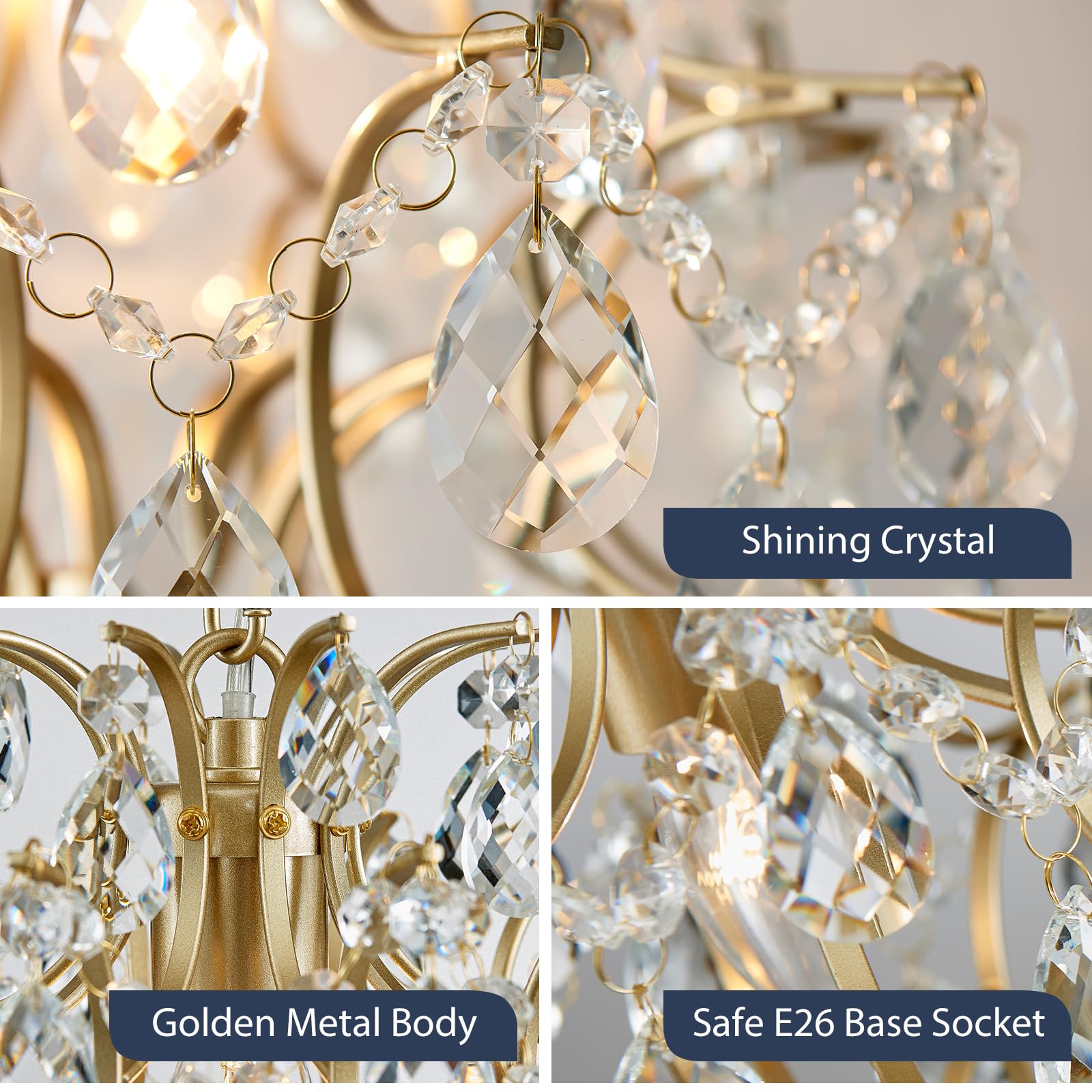 Bestier Gold Pendant Chandelier - Modern Crystal Raindrop Lighting, H 40cm x D 32cm, for Dining Room, Bathroom, Bedroom, Model AK-AJ-18162