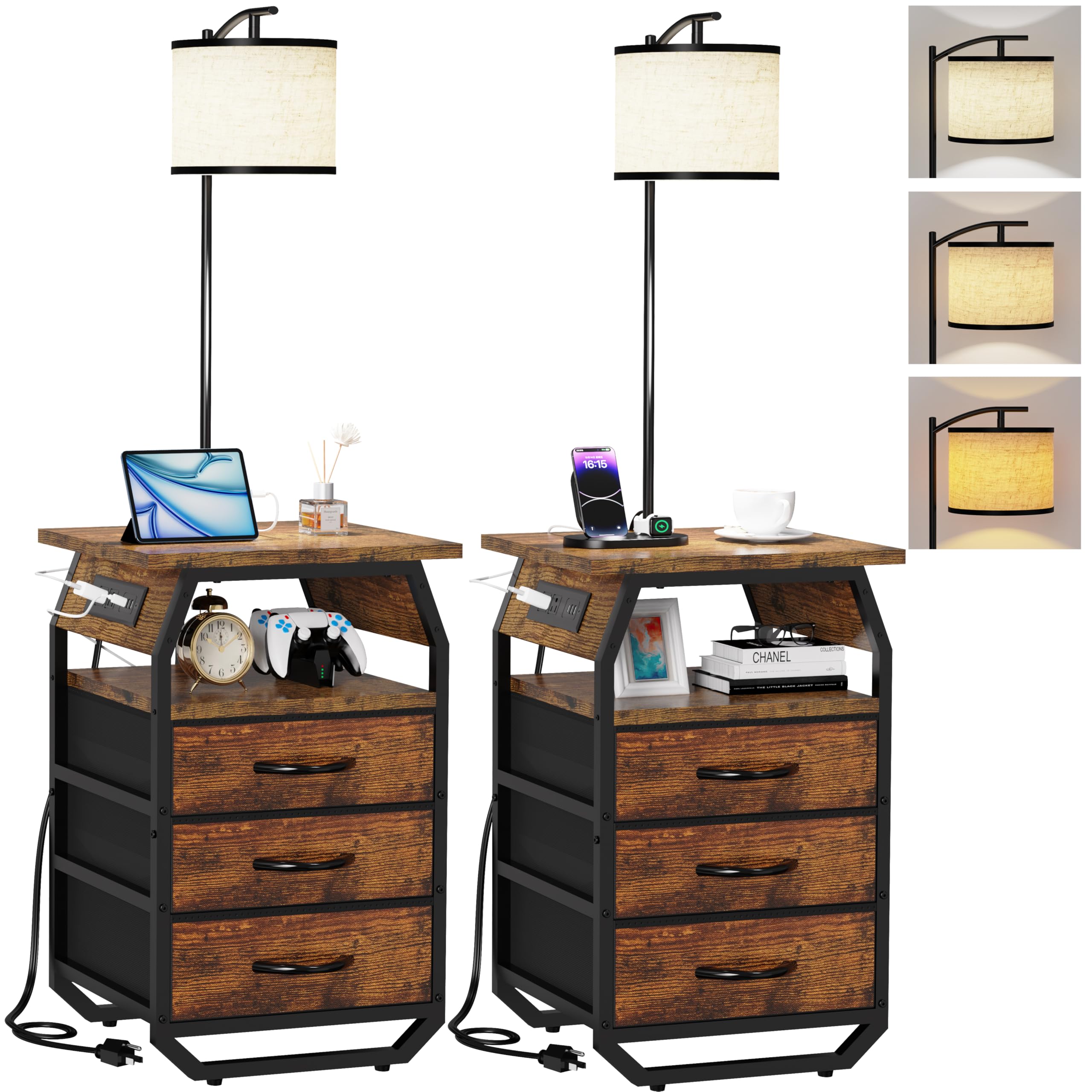 runjuly Floor Lamp with Table Set of 2, Rustic Brown, Engineered Wood, 3-Color Temperature Bulb, Model AH0054-RB