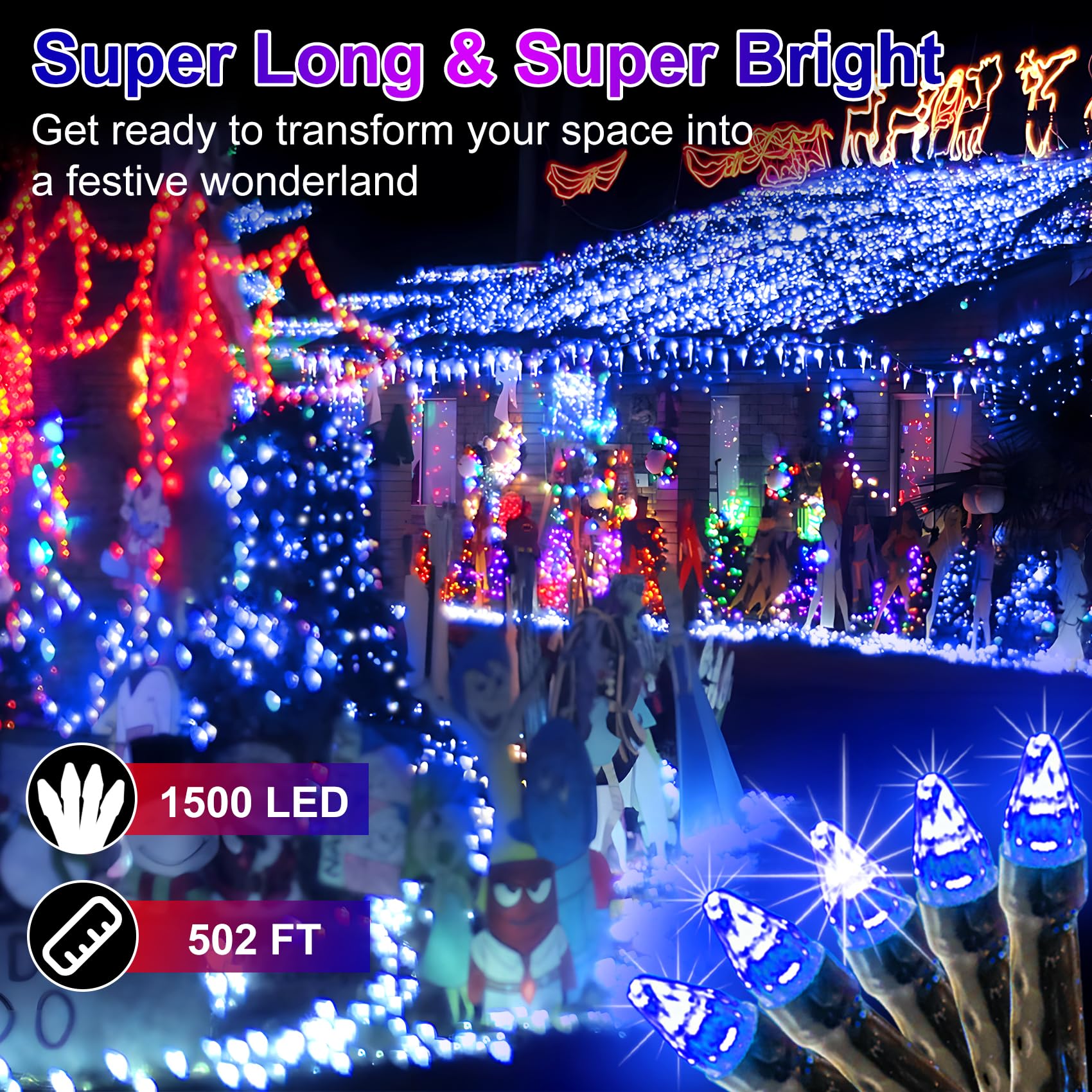 WUXYIYANG 1500 LED Outdoor Christmas Lights 502ft Waterproof Dark Green Wire 8 Modes Timer Fairy Lights Blue