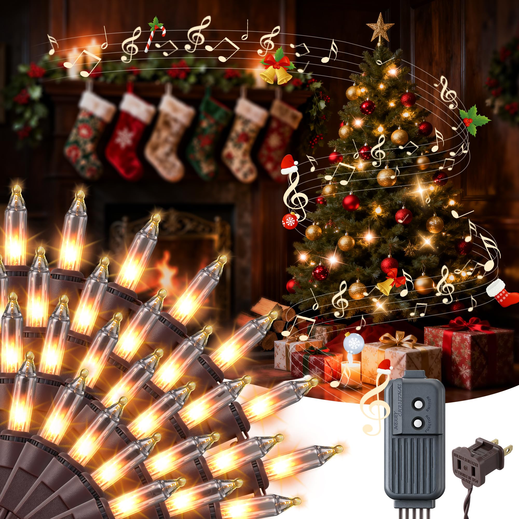 Enhon Christmas String Lights, 150 Bulbs, 36 Ft, Warm White, 7 Function Modes, Brown Wire, Indoor/Outdoor Decorations, Model E362454
