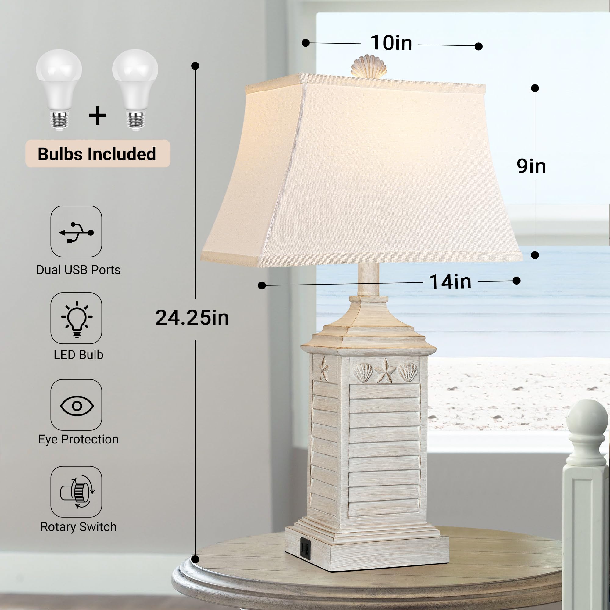 Hamucd Coastal Table Lamps Set of 2 - Washed White Modern Resin with USB A+C - LED 3-Color Temperature Nautical Decor