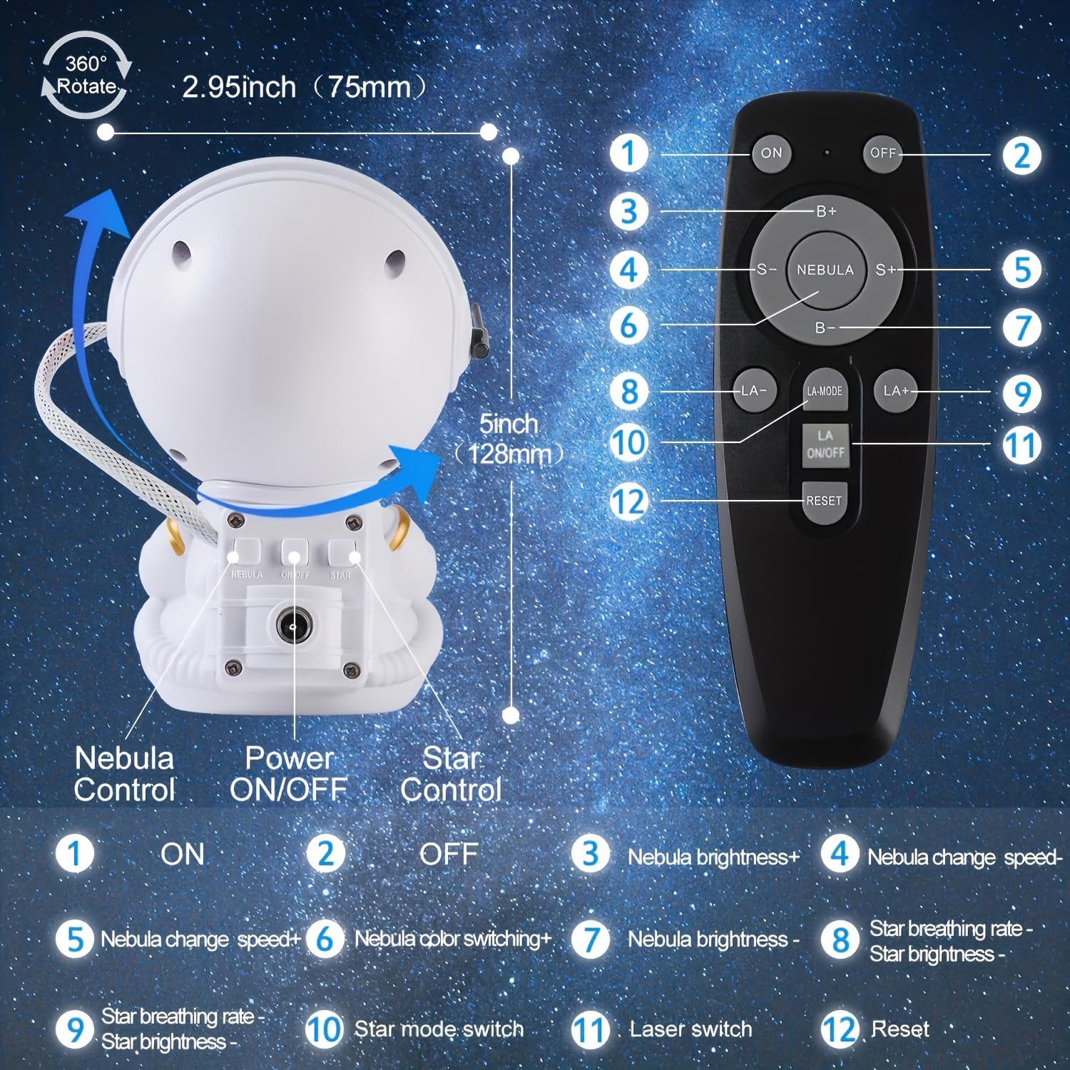 YXQUA Astronaut Star Projector - 8 Modes, 270° Adjustable LED Lights, White Guitar