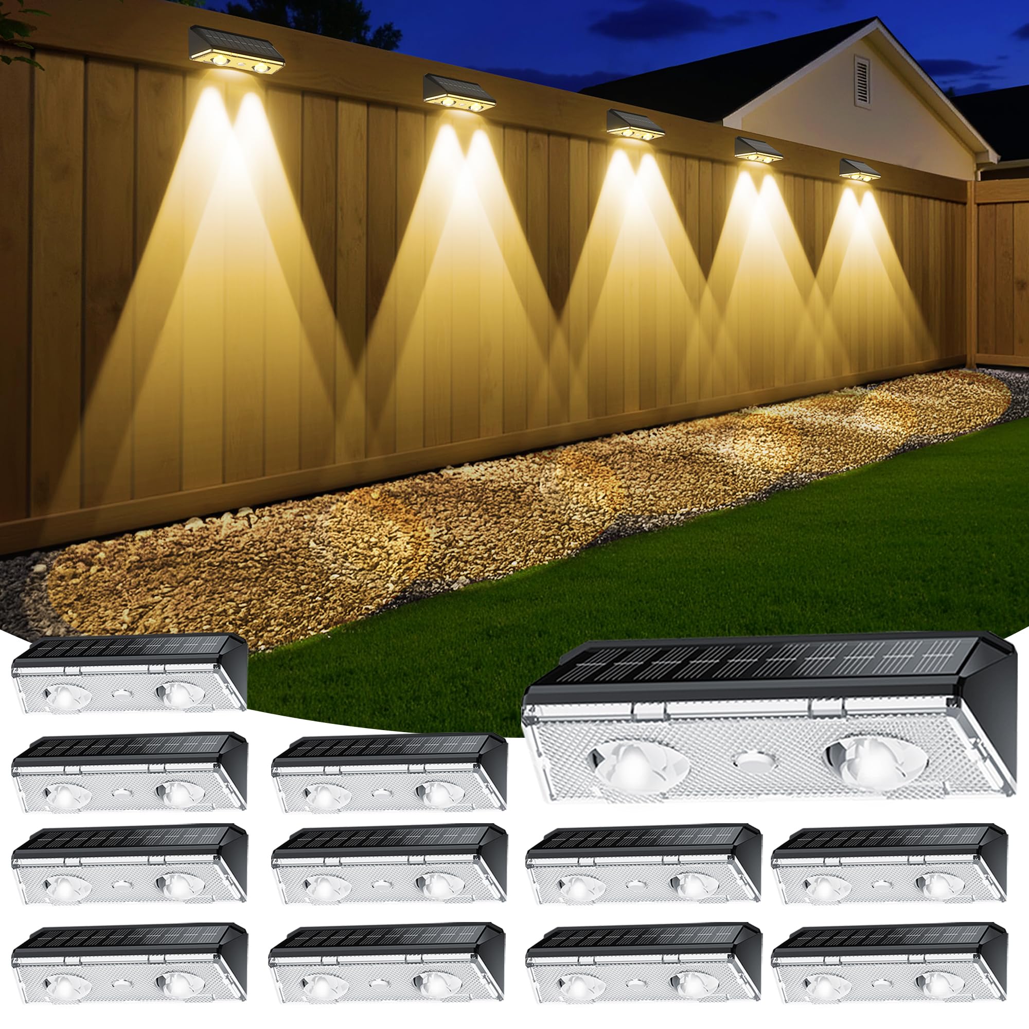 KEILAIMO Solar Fence Lights Outdoor, 12 Pack IP65 Waterproof Fence Lights Solar Powered with Ultra-Bright LED Lens, 9 Color Mode
