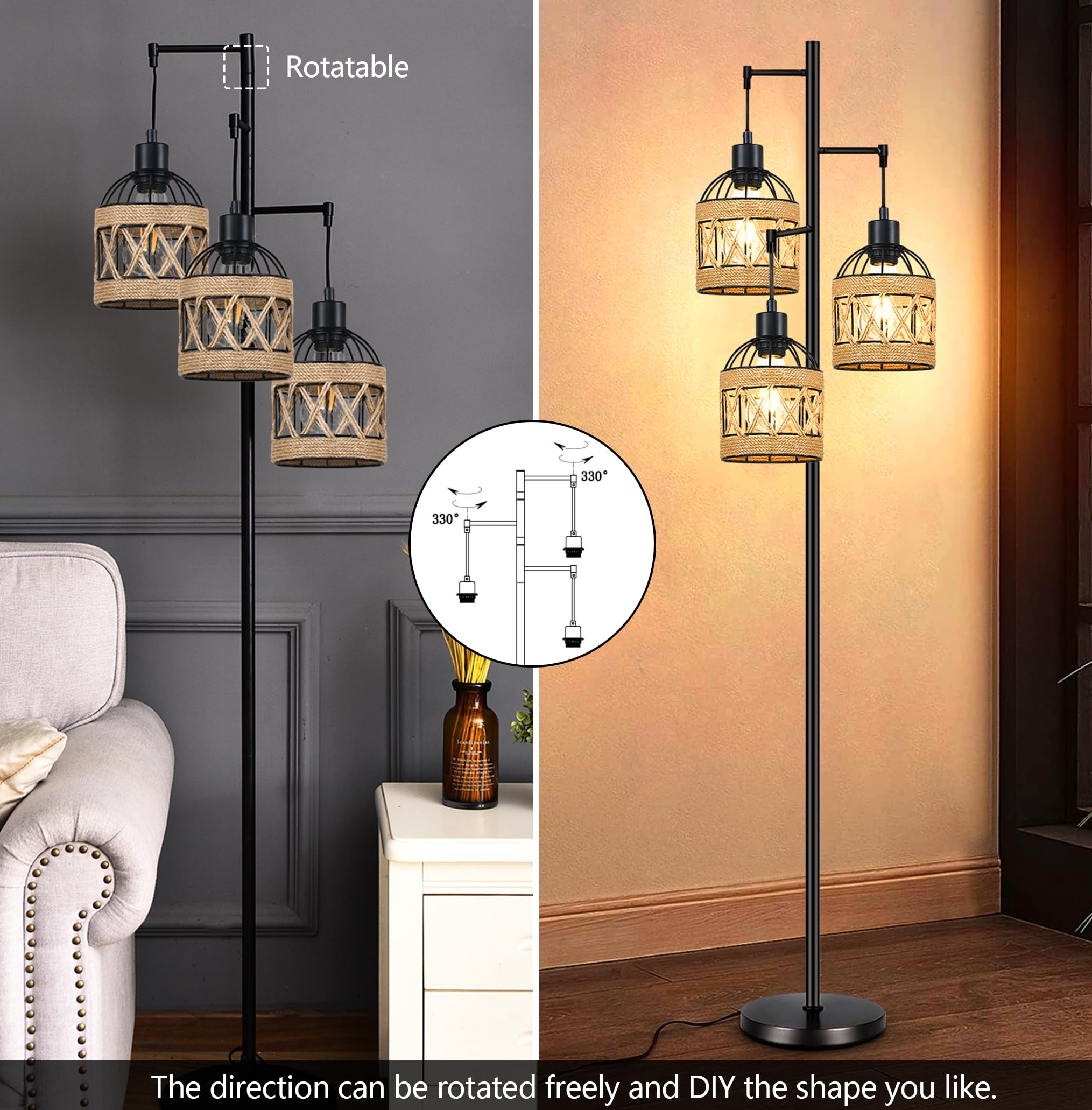 Qiyizm Floor Lamp For Living Room,Bedroom,3-Lights Boho Rattan Tree Floor Lights,Industrial Black Farmhouse Standing Lamp Wicker