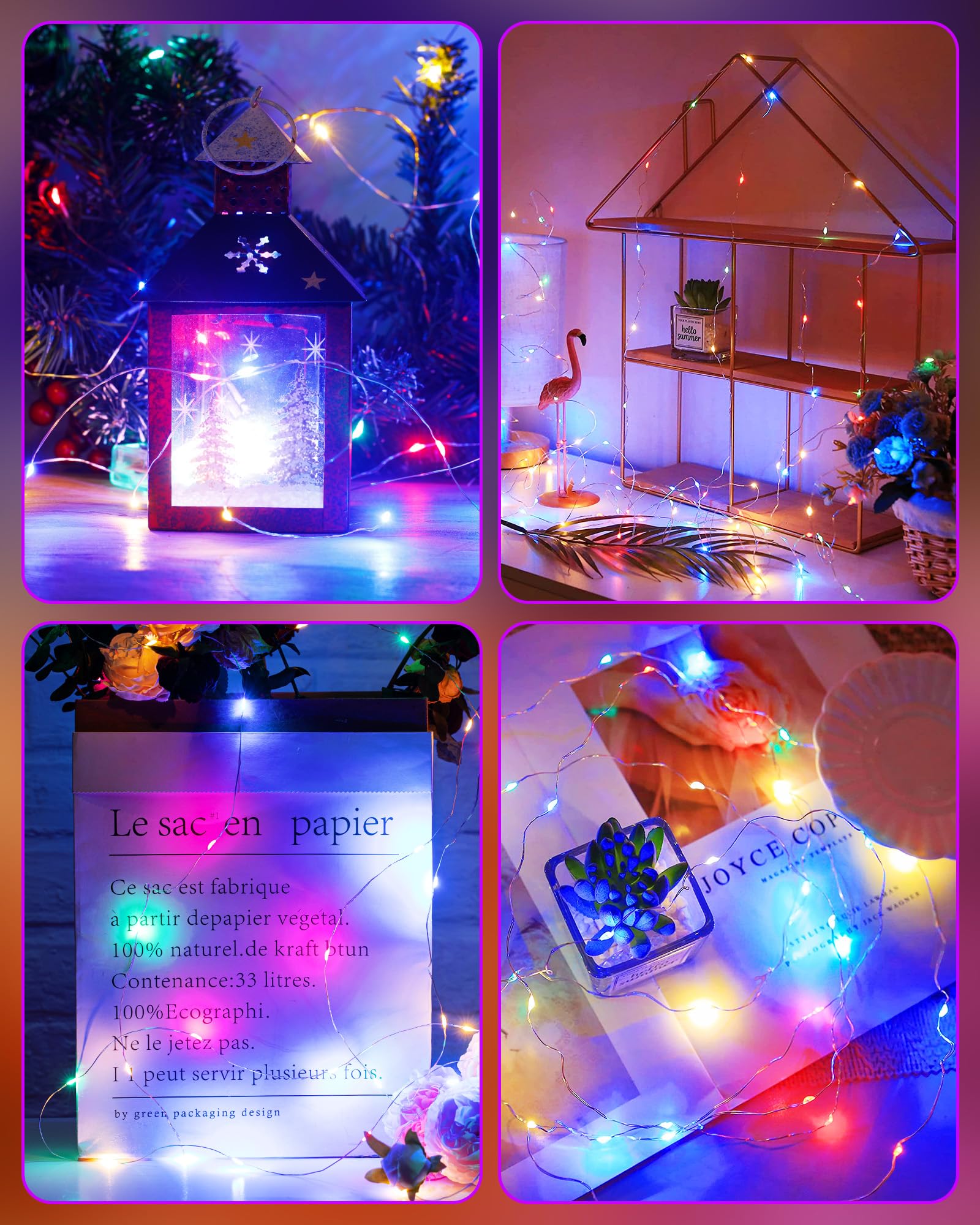 Minetom 4 Pack Fairy Lights Battery Operated, 5 Feet 60 Led Firecracker Starry Lights Waterproof Silver Wire String Lights For Diy Wreath Wedding Party Bedroom Mason Jar Holiday Christmas, Multicolor