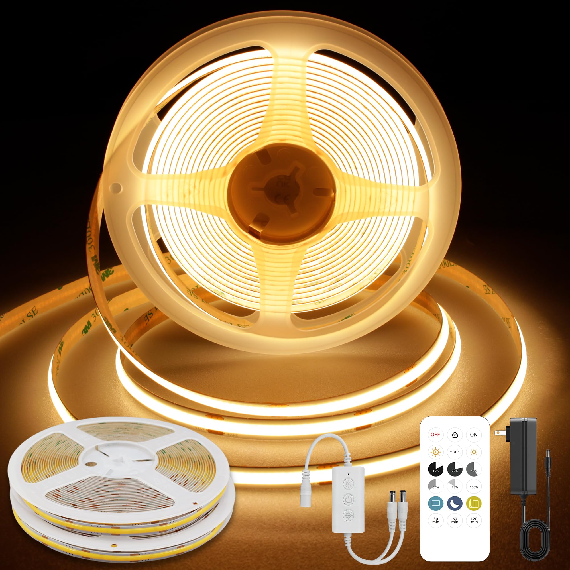 Pandery COB LED Strip Lights, 32.8FT Dimmable, 2700K Warm White, Flexible FPC Material, Model PD-COB-24V