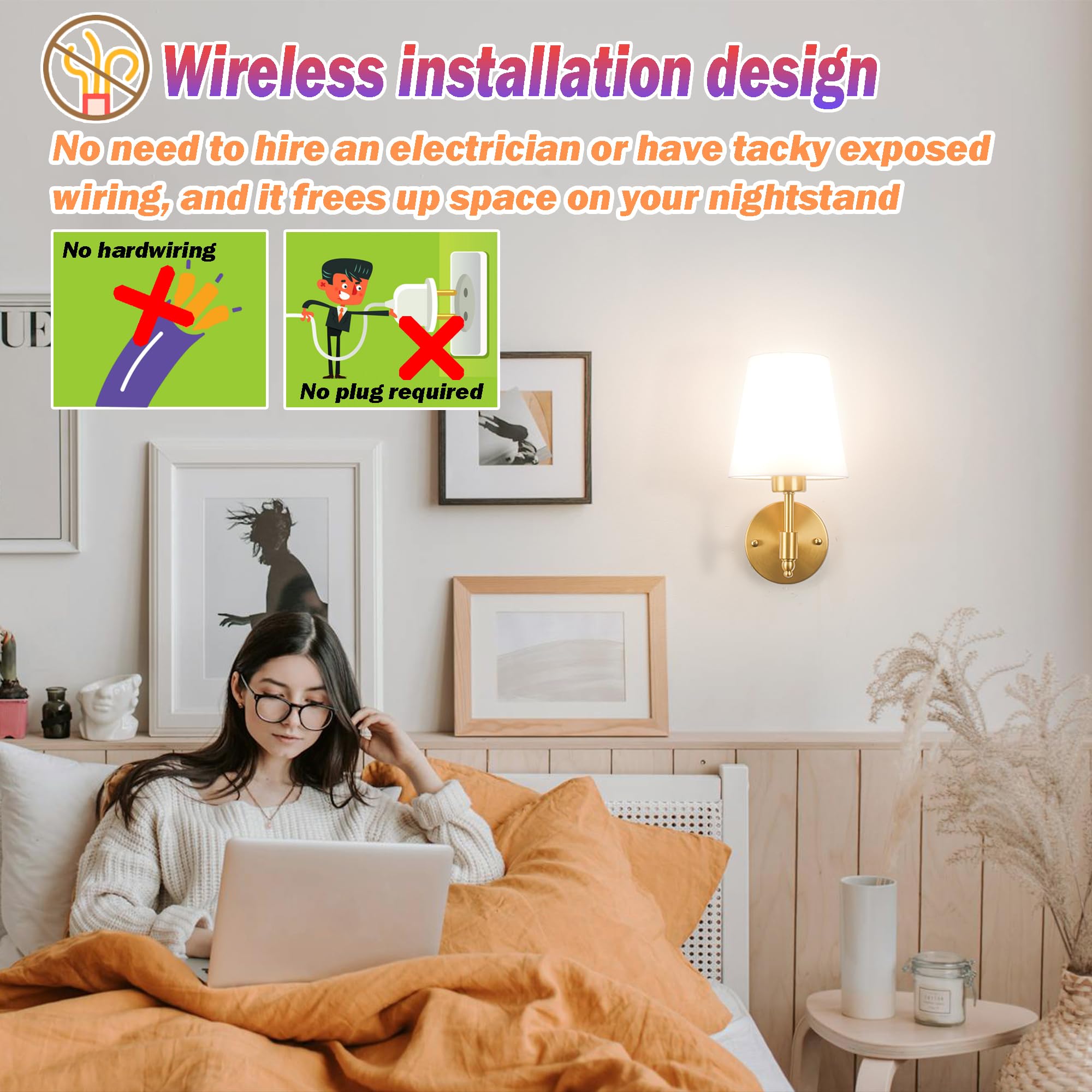 Battery Operated Wall Sconces Set Of Two, Wireless Battery Wall Light With 10000Mah Rgb Rechargeable Magnetic Bulb, Rechargeable