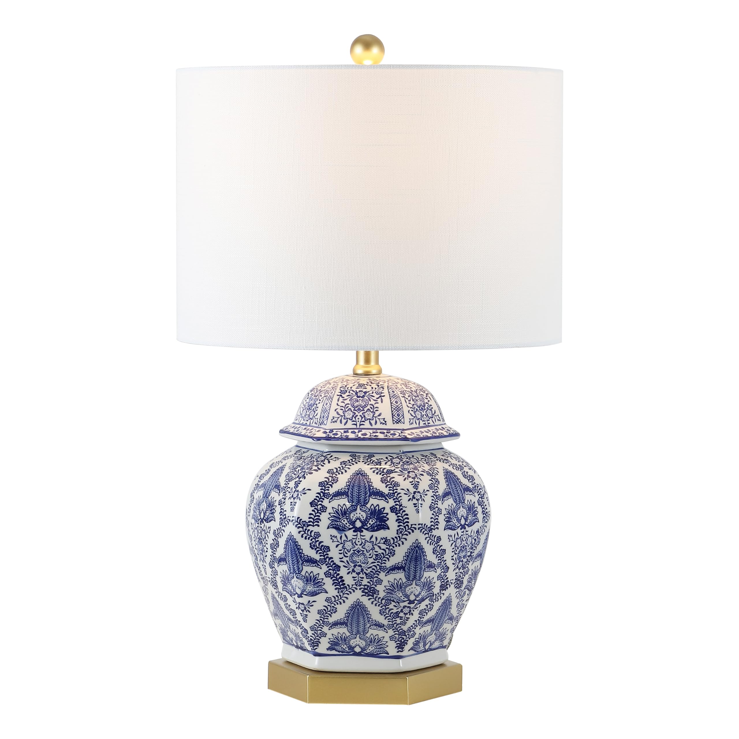 JONATHAN Y 25 Blue/White Classic Traditional Ginger Jar Ceramic LED Table Lamp  Chinoiserie Table Lamp for Living Room Bedroom  Gold Base  White Linen Shade  LED Bulb Included JYL3051A