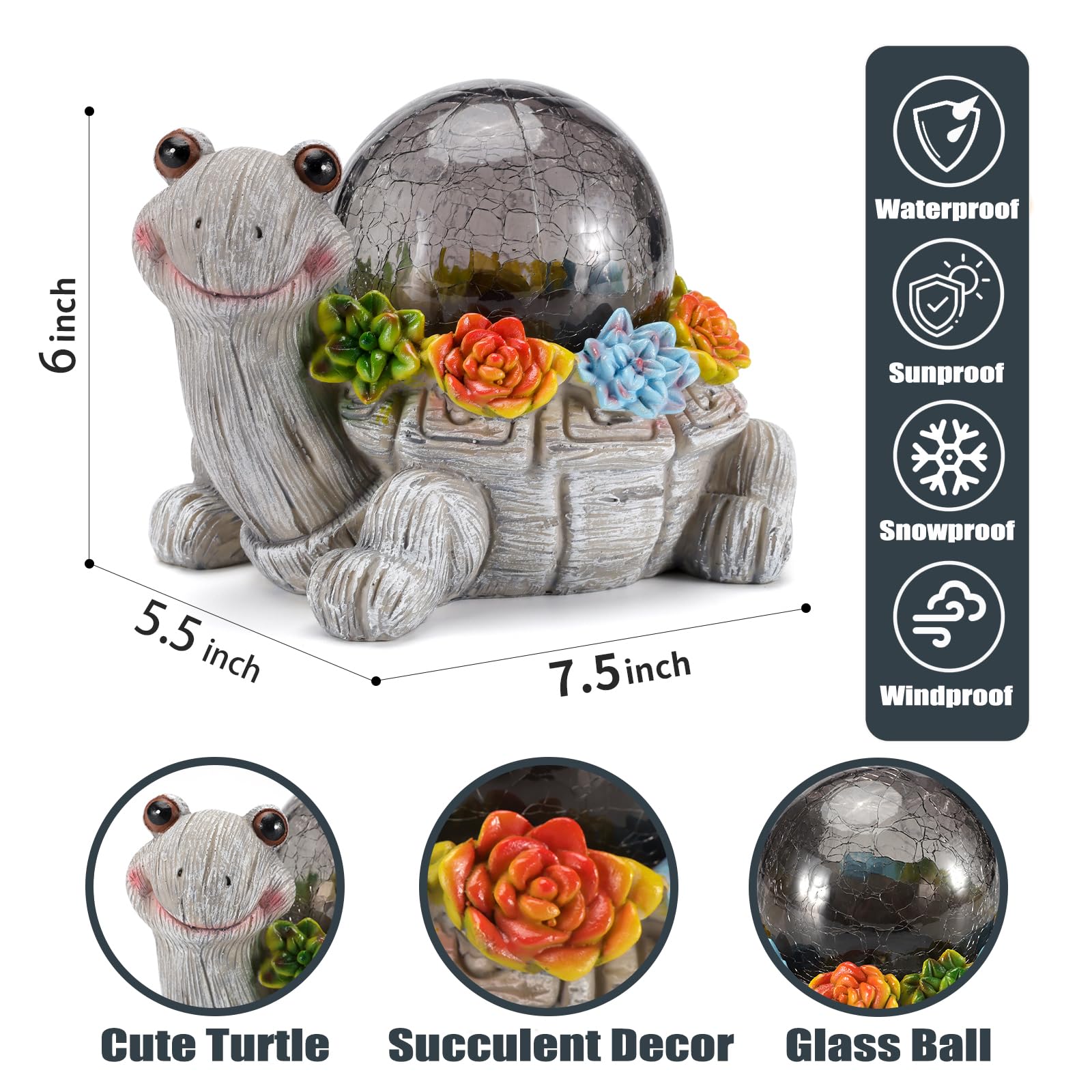 Vasesun Solar Turtle Garden Statue Lights For Outdoor Decor With Cracked Glass Led Figurine Lighting Resin Succulent Tortoise De