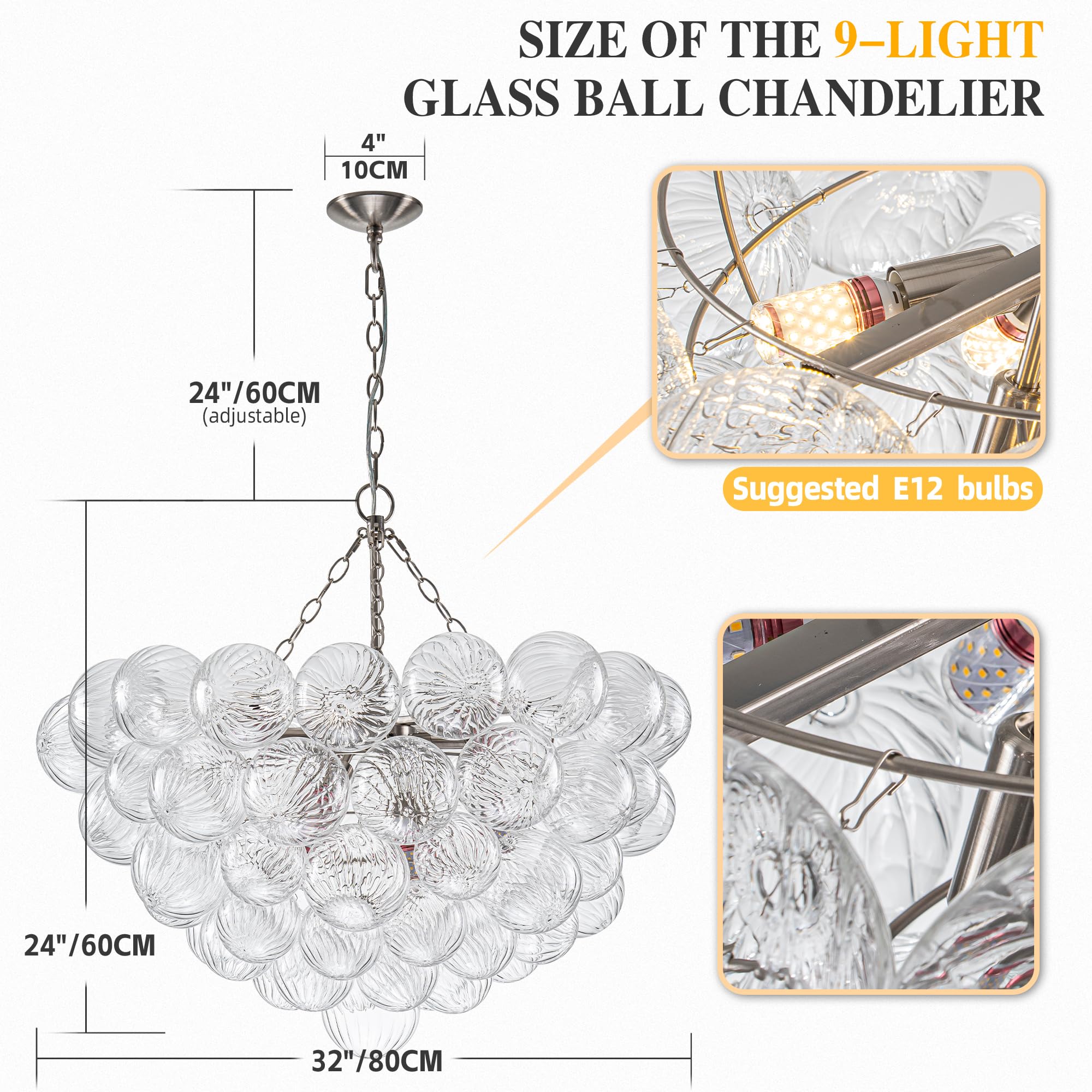 Beypan Bubble Ball Glass Chandelier Brushed Nickle 32'' Dia Clear Swirled Globe Pendant Light Fixture For Dining Room Table Rest