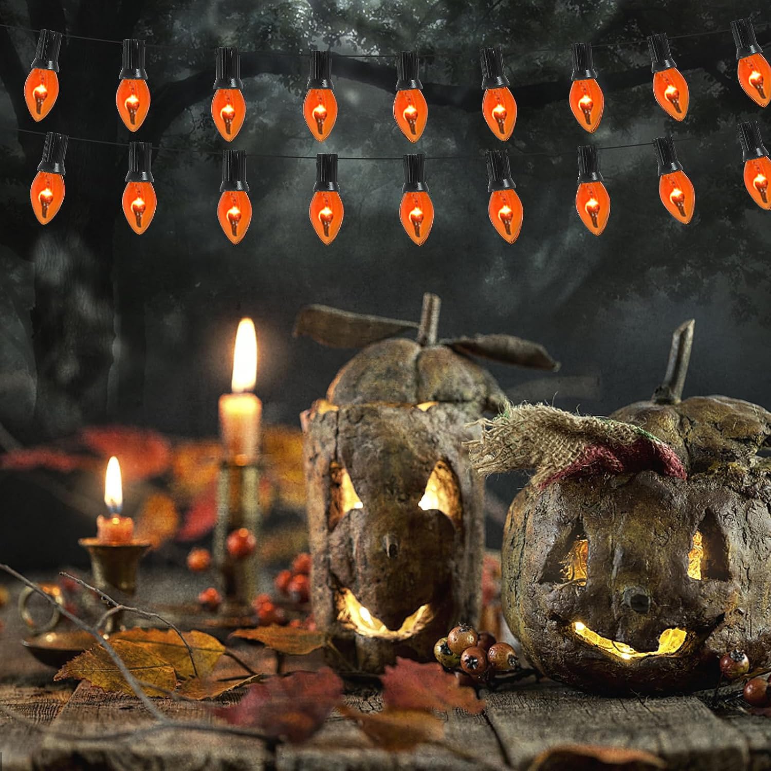 25Ft Orange Halloween Lights Outdoor, C7 Halloween Decorations Lights With 27 Orange Flicker Flame Bulbs, Vintage Christmas Flickering Lights For Patio Garden Party Christmas Tree Decor-Black Wire