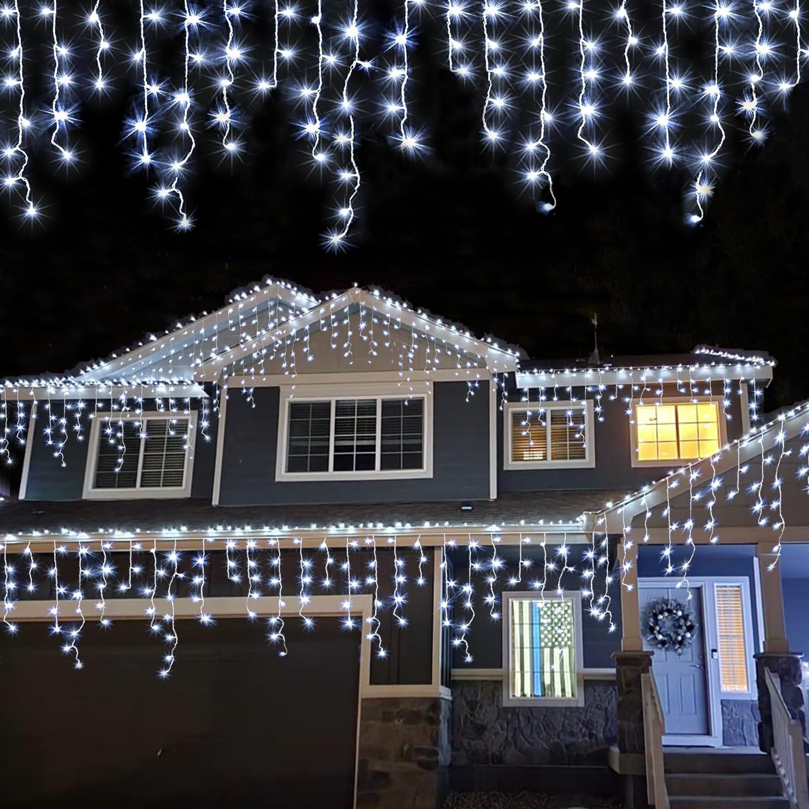 YEGUO 33ft 400 LED Icicle Lights Outdoor, 80 Drops Icicle Christmas Lights Connectable, 8 Modes White Icicle String Lights with 