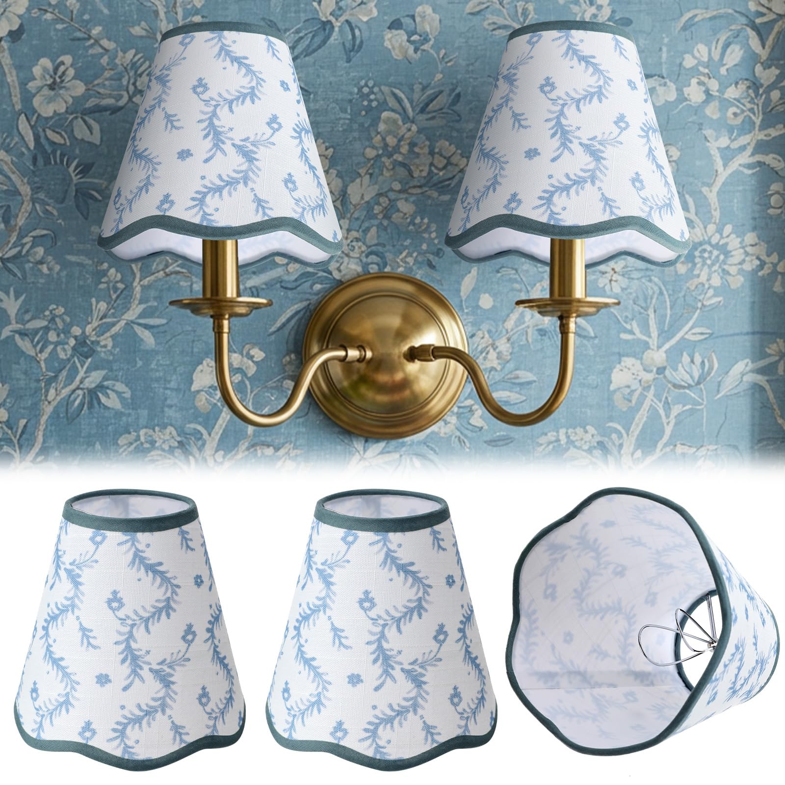 VIHOSE 2 Pcs Small Scalloped Lamp Shades Chandelier Lamp Shades 3 x 6 x 6 Inch Blue and White Linen Fabric Mini Scallop Lampshad
