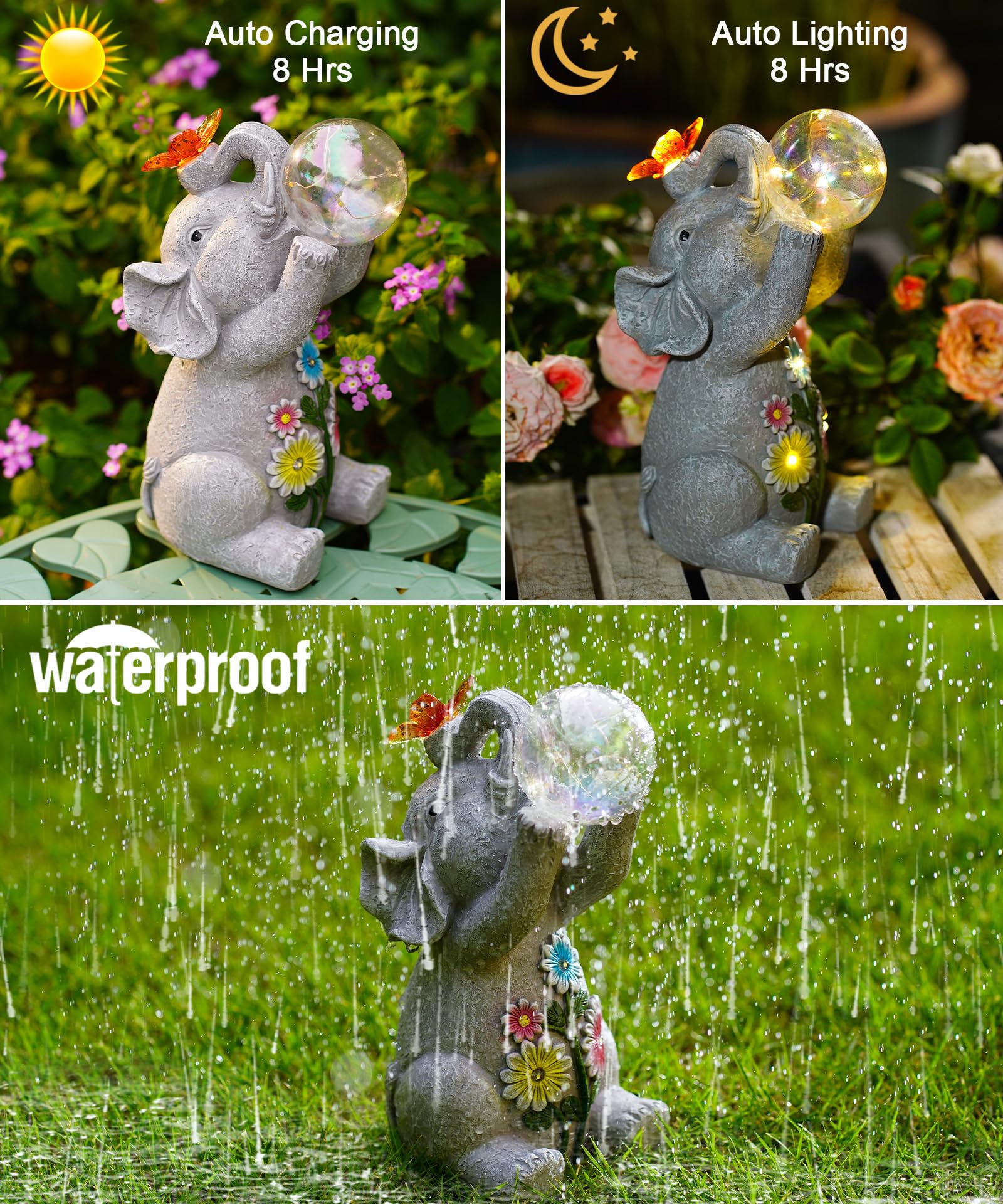 Nacome Solar Elephant Outdoor Statues For Garden: Outside Decor With Blow Bubbles Ball Lights Clearance For Yard Art Lawn Orname