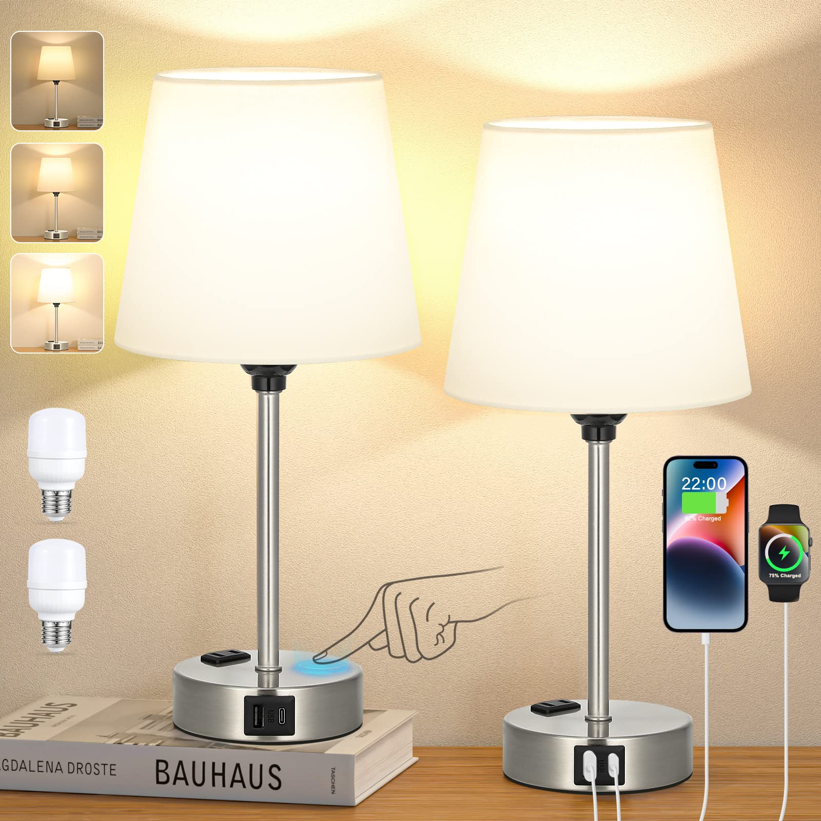 Table Lamps for Bedrooms Set of 2 Bedside  Nightstand with USB C Port and AC Outlet Charging, Dimmable Touch Small White End Si