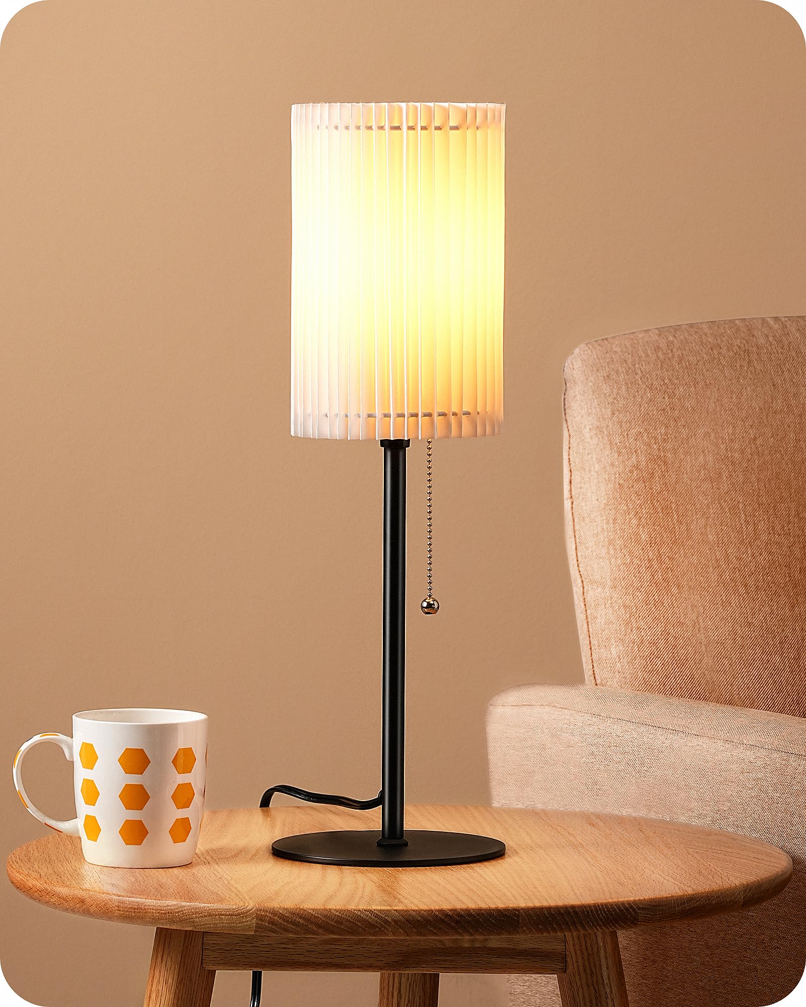 Edishine 19.09'' Modern Table Lamp, Cylindric White Paper Origami Lampshade, Boho Bedside Lamp With Pull Chain Switch & Metal Ba