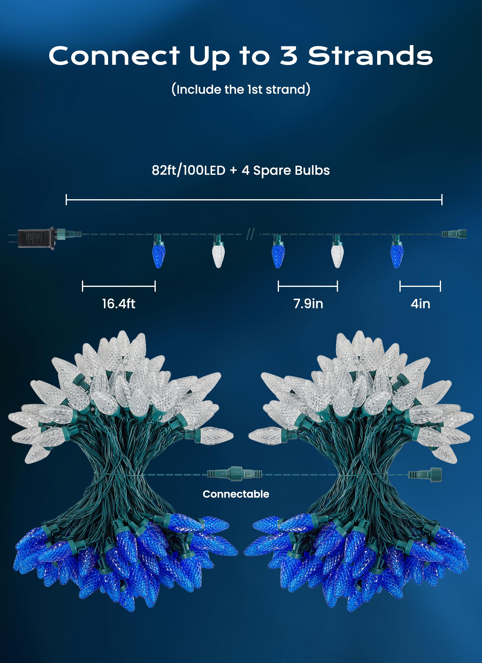 C9 Christmas Lights Outdoor  66 Ft 100 Led Connectable C9 String Lights With 8 Modes And Timer Xmas Tree Patio Roofline Garden Yard Holiday Party Indoor Outdoor Decoration  Blue And White